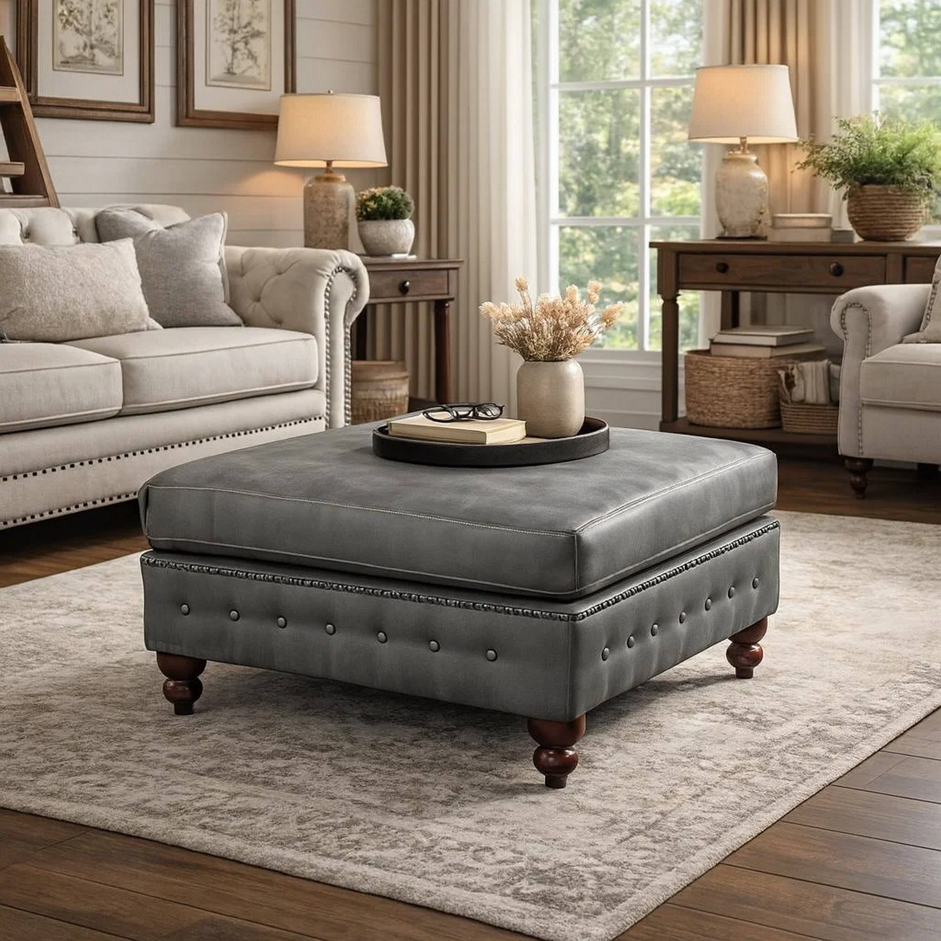 Alt View 6. Manhattan Lane - Simi 34 Inch Square Ottoman, Handcrafted Legs, Gray Vegan Faux Leather - Gray, Brown.