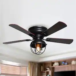 Parrot Uncle - 42" Industrial Wood 5-Blade Matte Flush Mount Ceiling Fan with Remote - Black