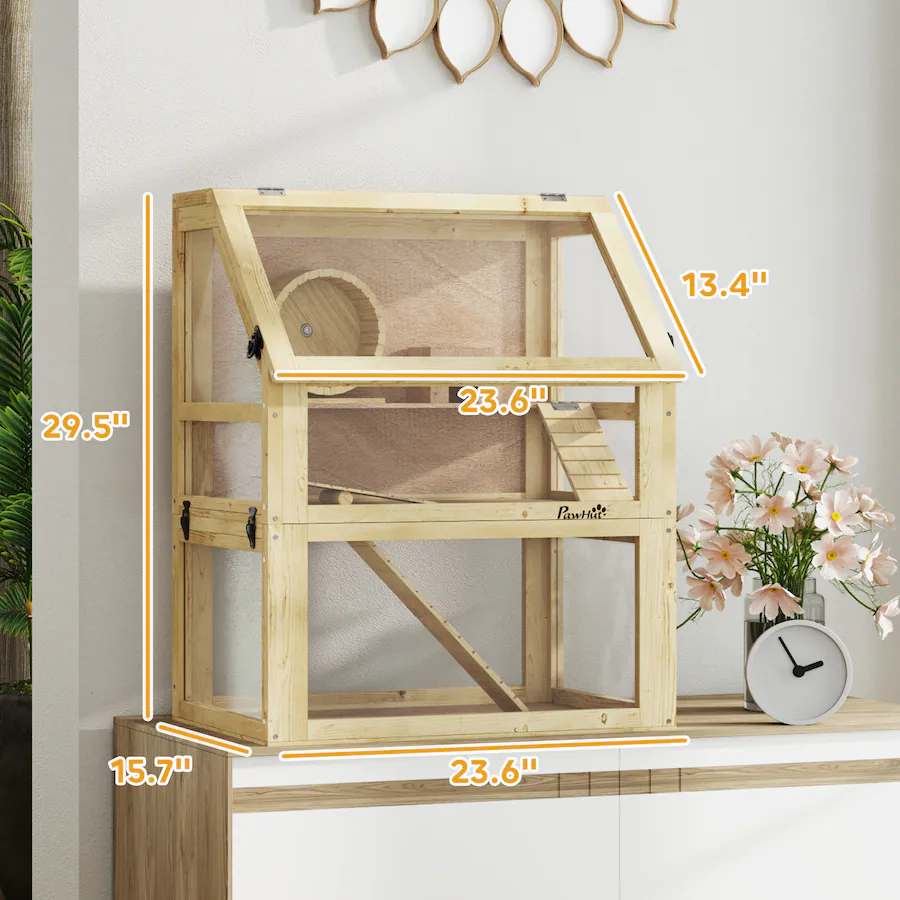 Pawhut Tier Wooden Hamster Cage w/ Detachable Bottom, Hut, Seesaw ...
