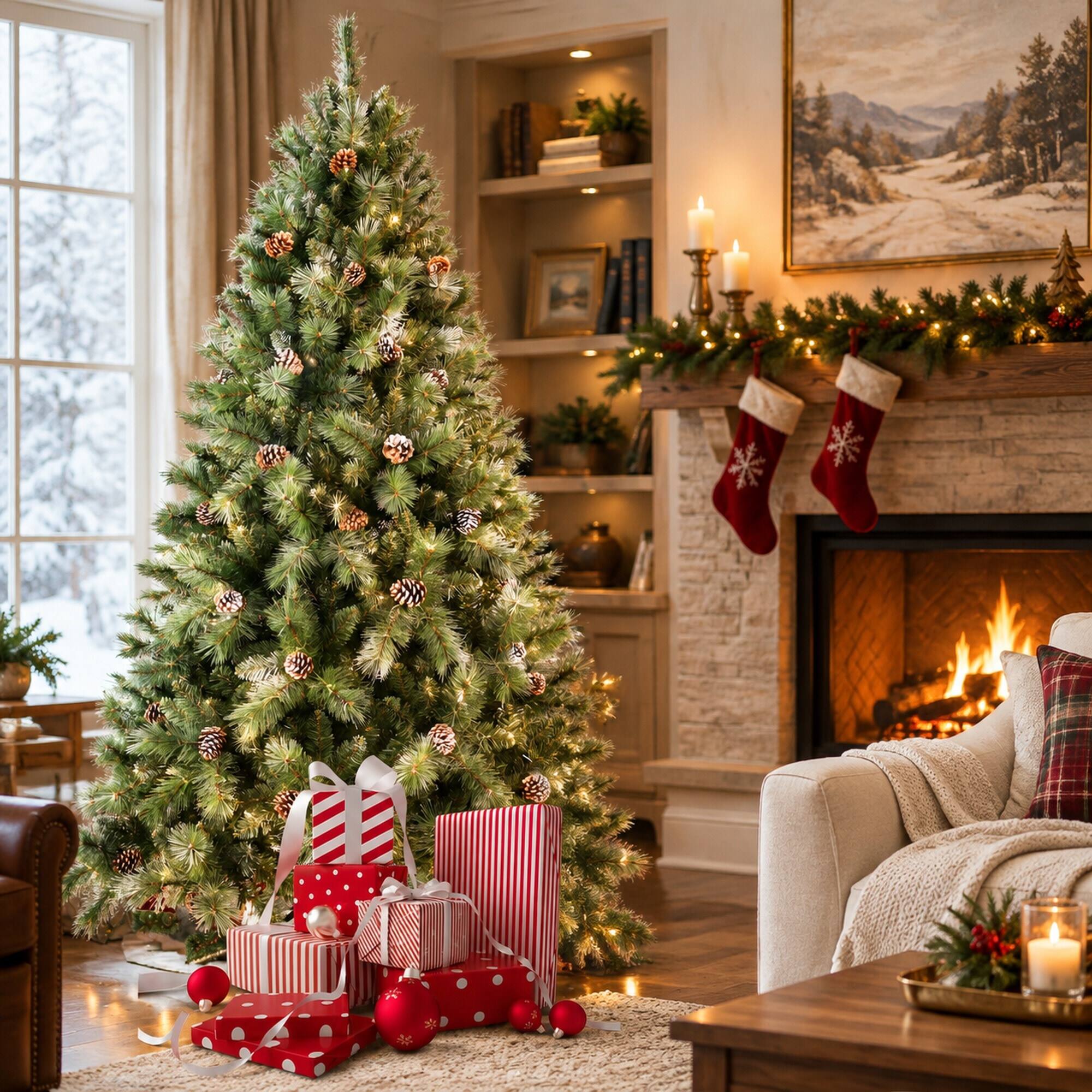 Left. RYHNUYNE - 8 Ft Full Artificial Christmas Tree With 102 Pine Cones 1858 Tips, Mixed Hard Needle Branches Metal Stand Decor - Green.