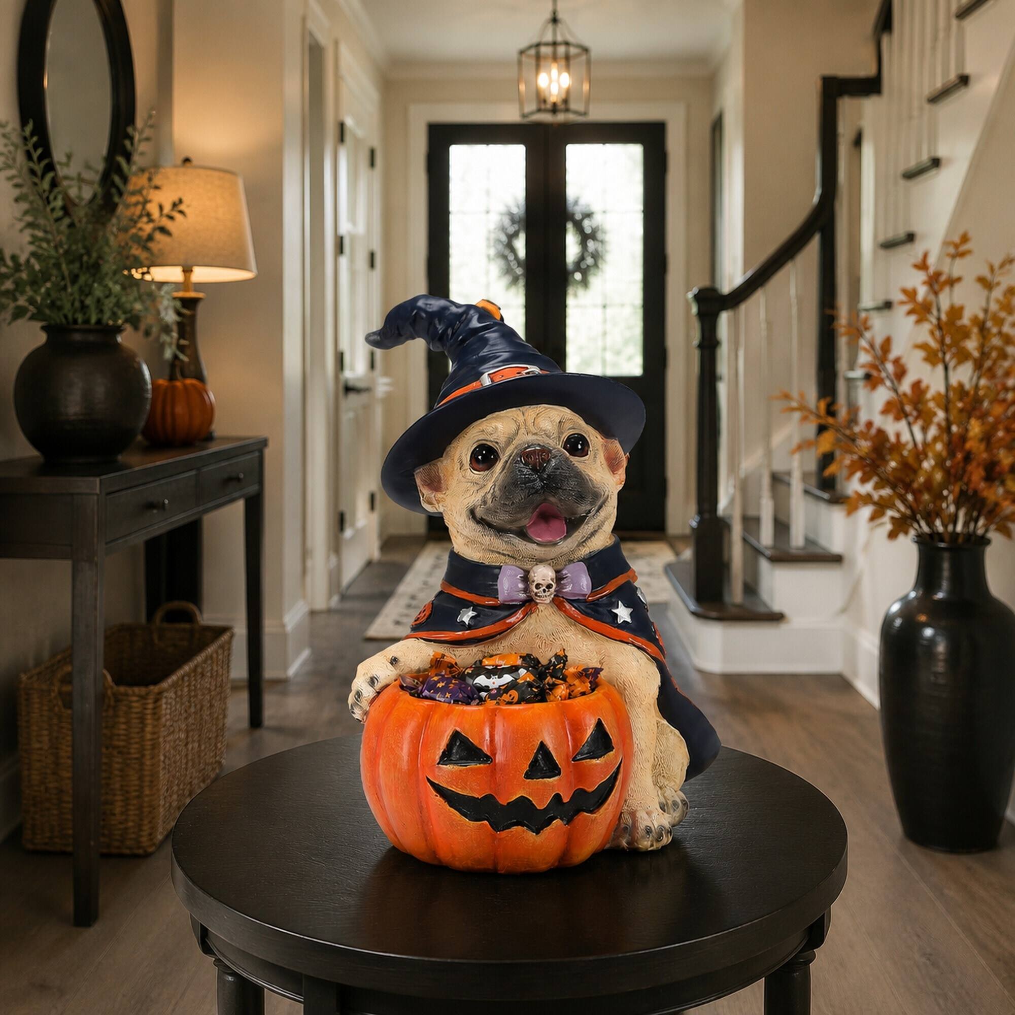 Alt View 1. RYHNUYNE - Halloween French Bulldog Witch Figurine with Pumpkin Candy Bowl Decoration, Cute Puppy Resin Statue for Tabletop - Beige.