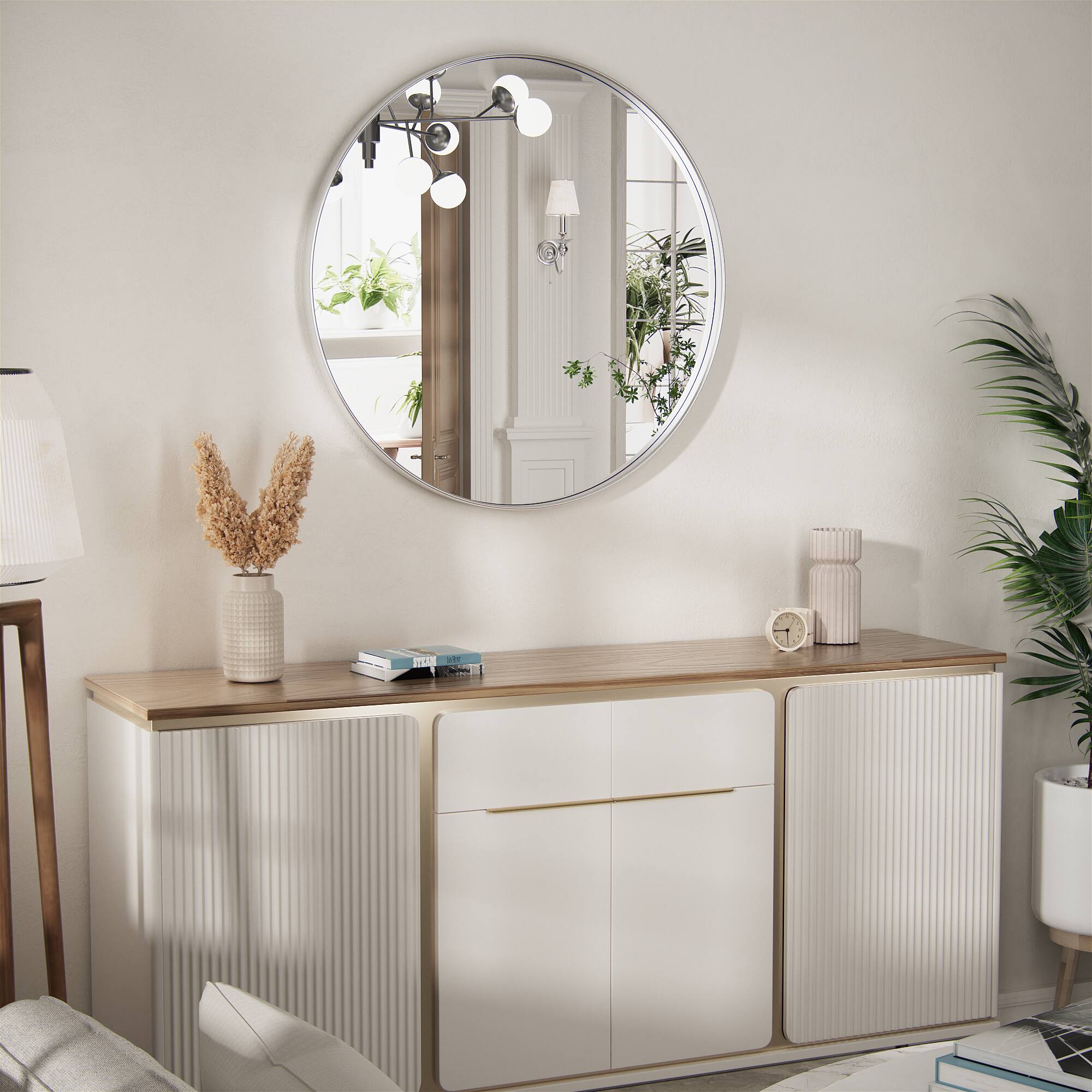 Alt View 1. PAIHOME - 36 Inch Round Bathroom Mirror, Metal Frame Circle Vanity Mirror for Bedroom, Living Room - Silver.