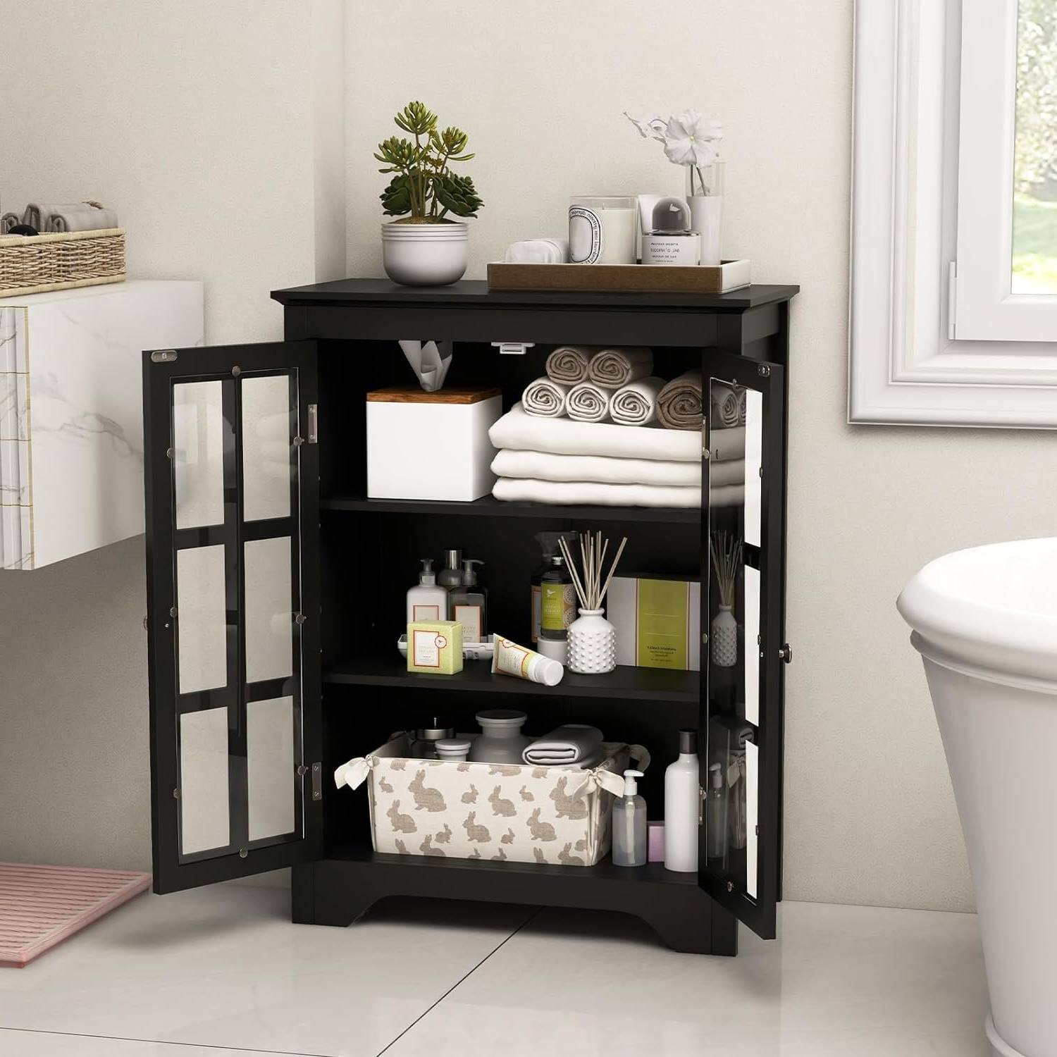 Angle. Hivvago - Black Bathroom Storage Linen Cabinet with Adjustable Shelves and Glass Doors - Black.
