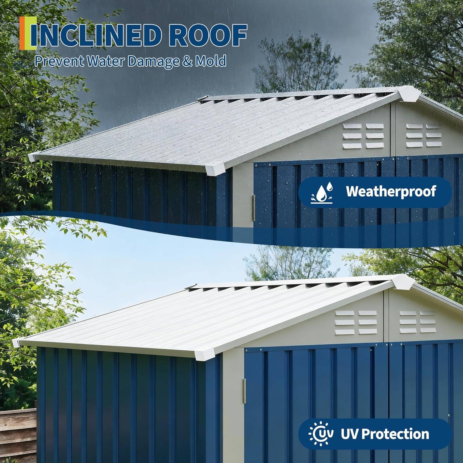 INCLINED ROOF  
Prevent Water Damage & Mold  

Weatherproof  

UV Protection