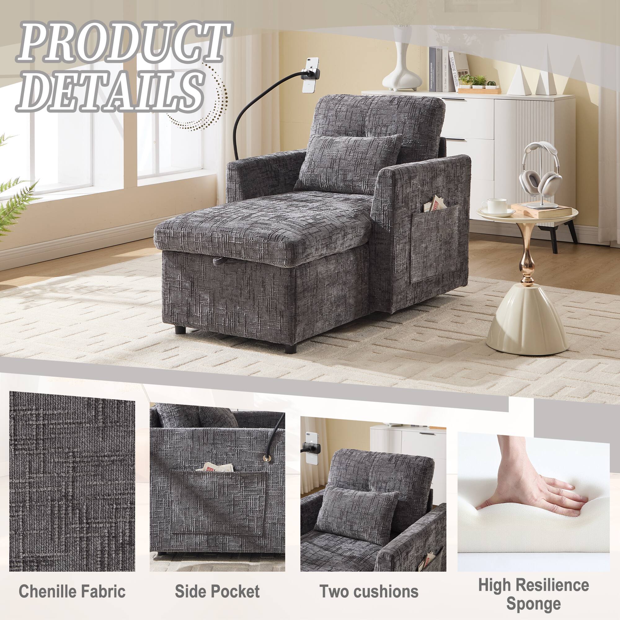 PRODUCT DETAILS

- Chenille Fabric
- Side Pocket
- Two cushions
- High Resilience Sponge