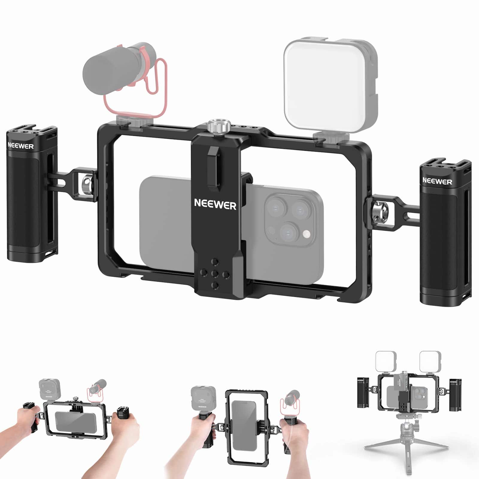 Neewer - Upgraded Phone Vlog Kit - Video Stabilizer with Dual Handle & Mic Clip for iPhone & Android - Black