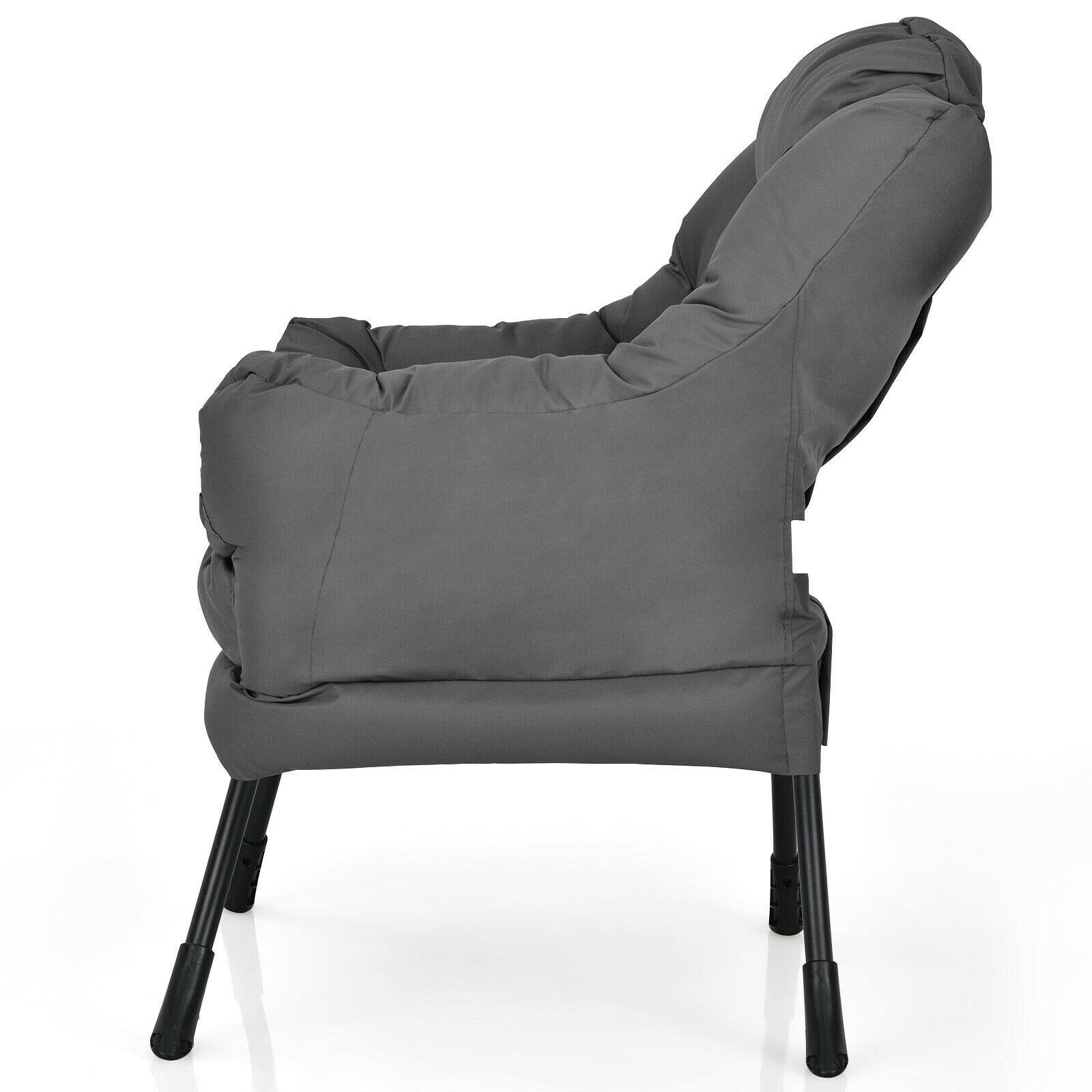 Left. WELLFOR - Modern Polyester Fabric Lazy Chair with Steel Frame and Side Pocket - Gray.