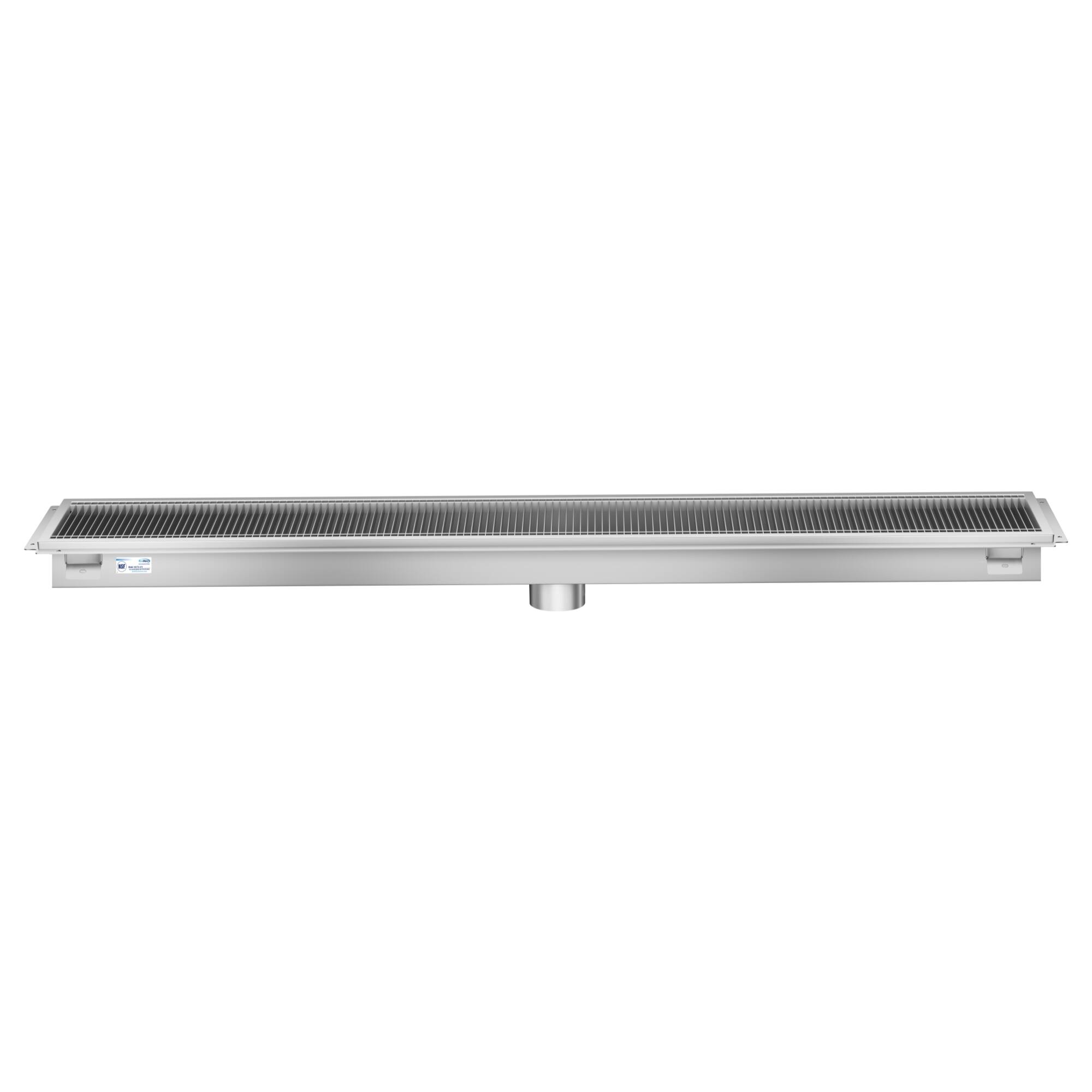 Back. Koolmore - 12" x 72" Stainless Steel Floor Trough Drain, 14-Gauge with Subway-Style Grating & Removable Drain Basket, NSF Listed - Stainless-Steel.