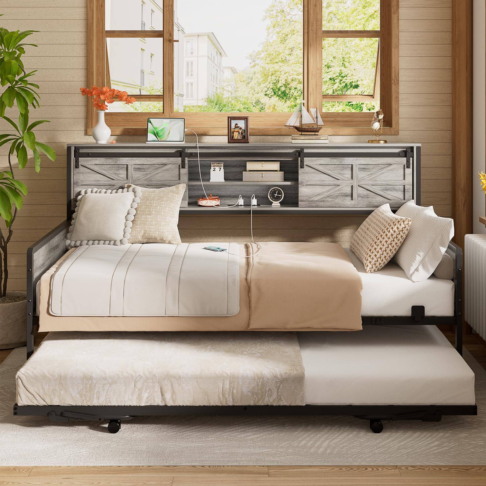 Back. Aheaplus - Farmhouse Twin Daybed With Bookcase Headboard & Charging Station - Trundle Sofa Bed Frame, Space-Saving - White Oak.