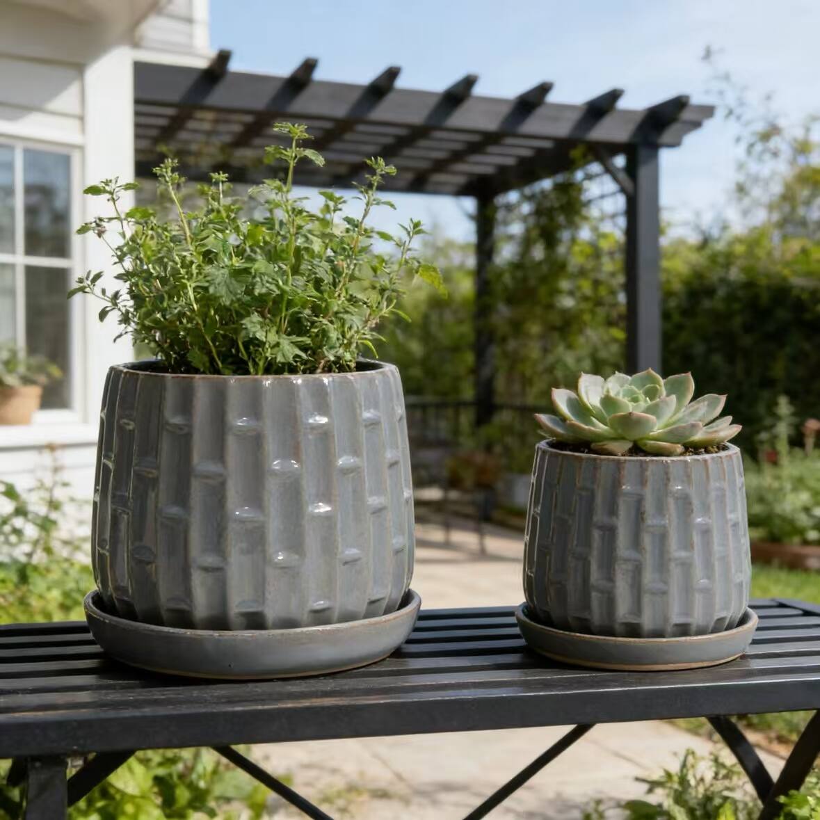Angle. Loheer - Ceramic Planter Set Loheer Handmade Gray Ribbed Clay Flower Pots with Saucers, 6in 8in Indoor Outdoor Herb Succulent.