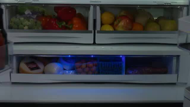 Full-width, electronic temperature-controlled drawer with colored LED lights
