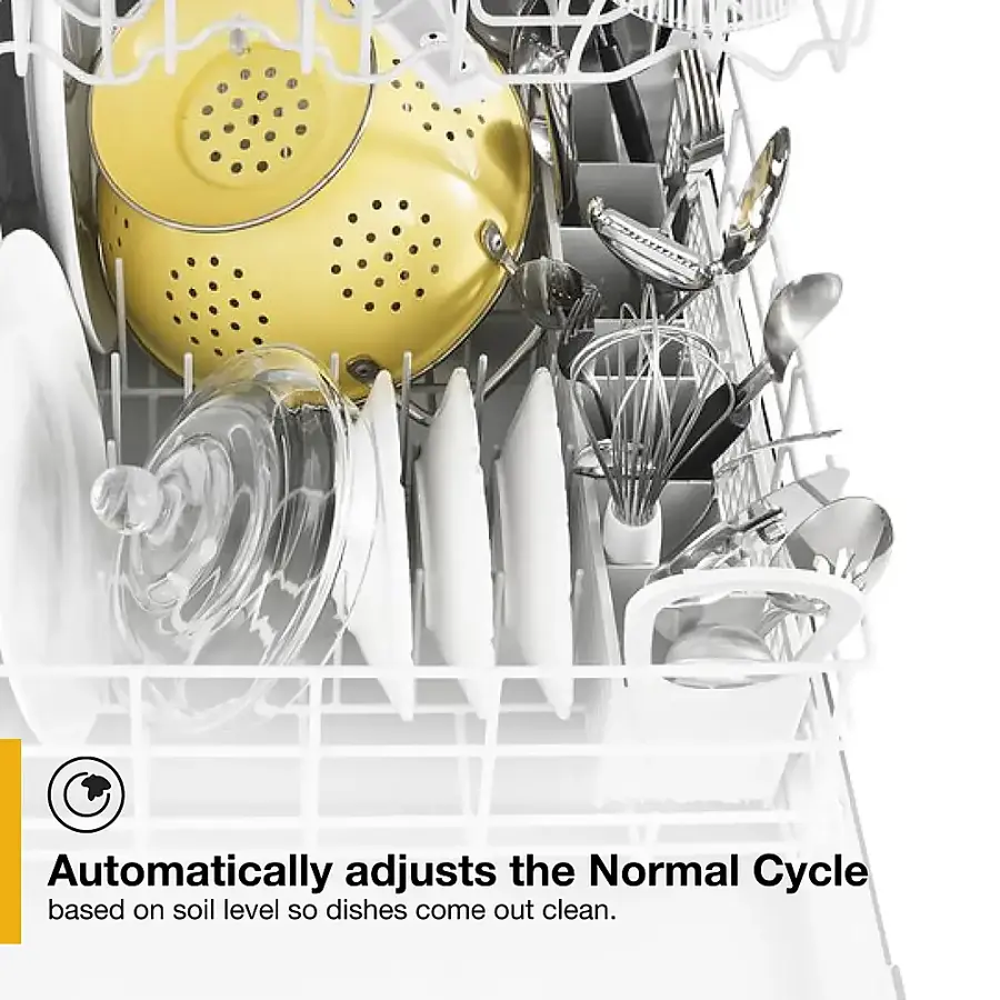 The image features a dishwasher with a rack full of dishes, including cups, spoons, and bowls. The dishwasher is described as having an Automatically adjusts the Normal Cycle based on soil level so dishes come out clean feature. This means that the dishwasher's cycle will be adjusted according to the level of dirtiness of the dishes, ensuring that they are thoroughly cleaned.