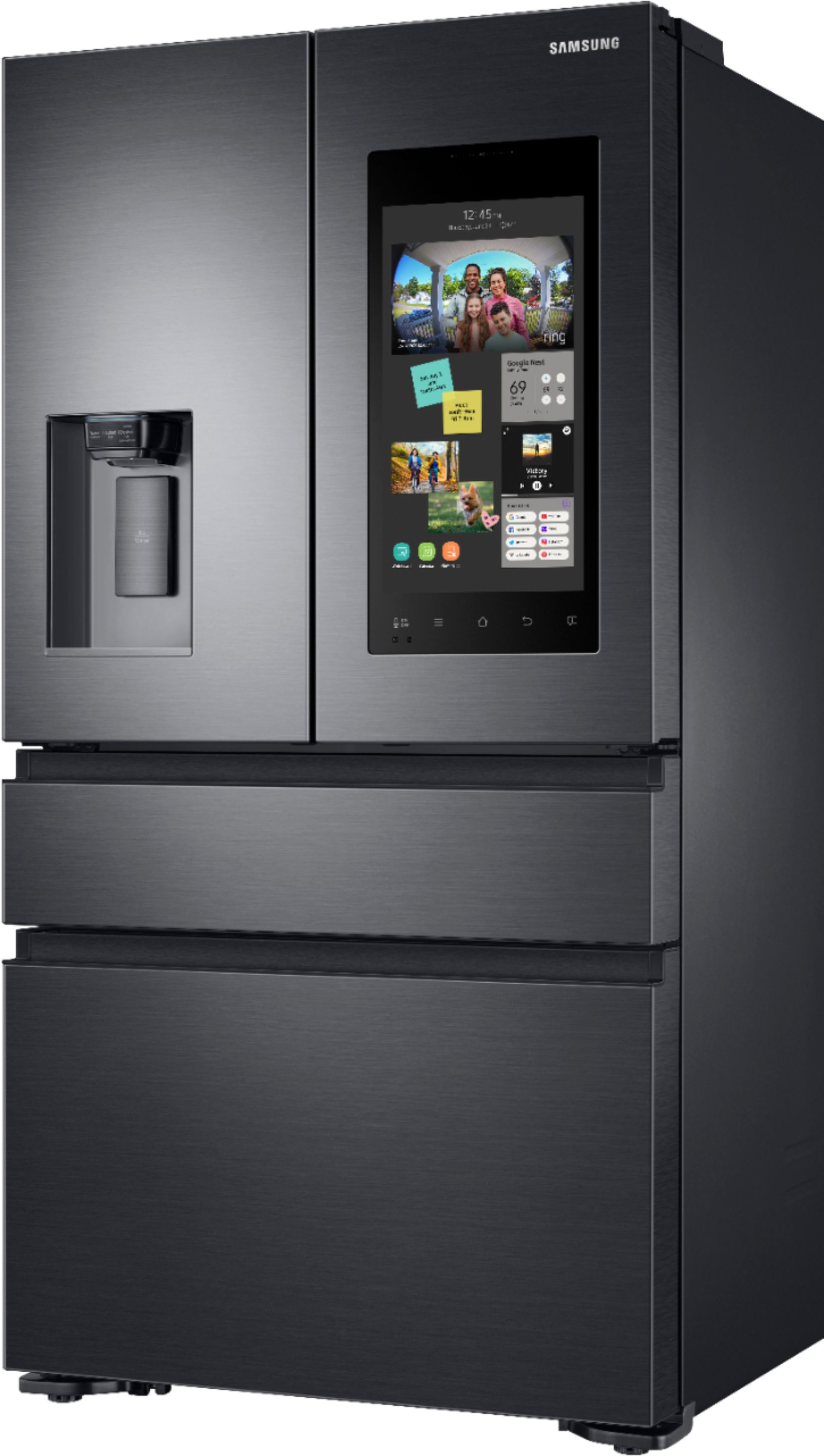 Left View: Samsung - Family Hub 22.2 Cu. Ft. Counter Depth 4-Door French Fingerprint Resistant Refrigerator - Black stainless steel