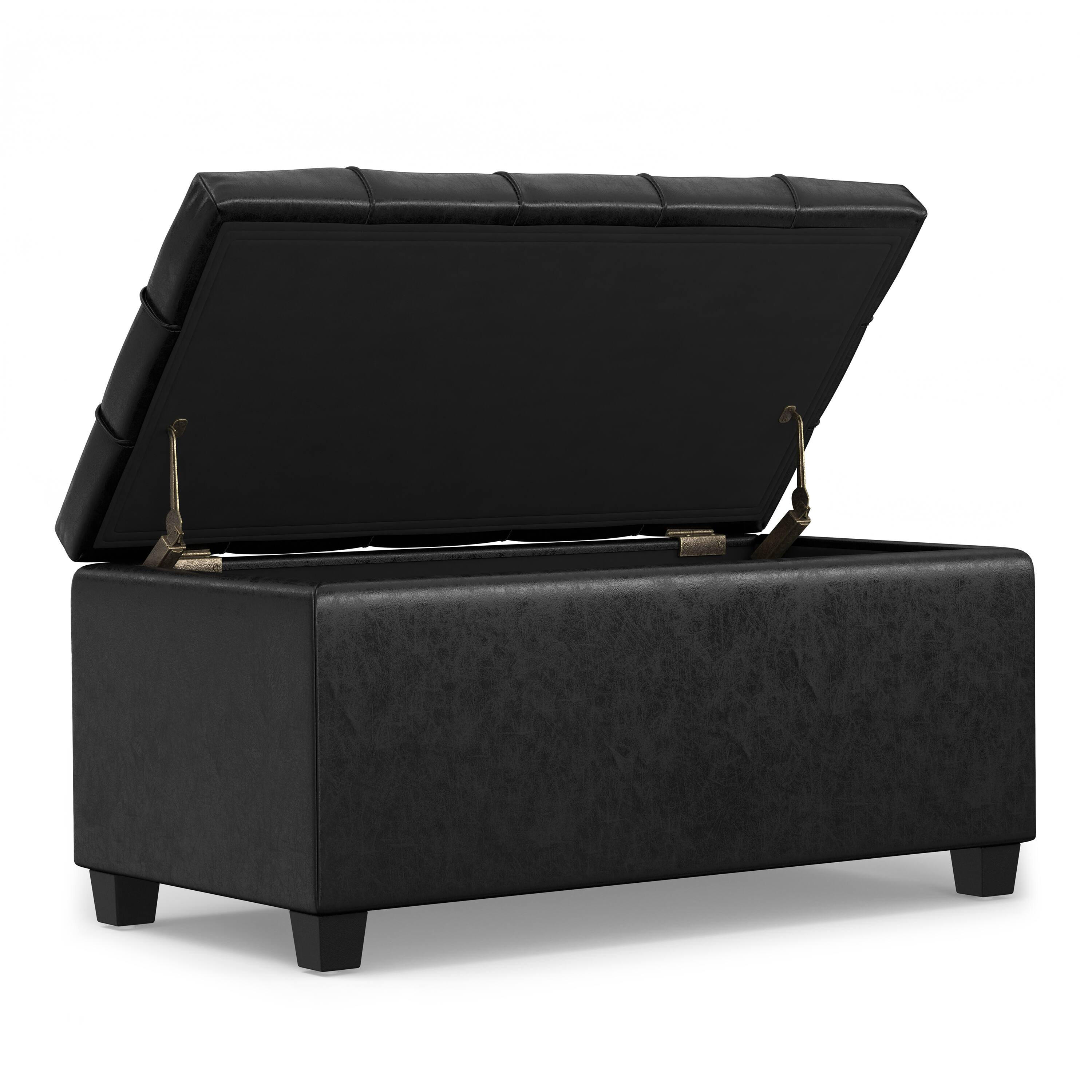 Back. Simpli Home - Sienna 33 inch Wide Storage Ottoman Bench in Distressed Black Vegan Leather - Distressed Black.