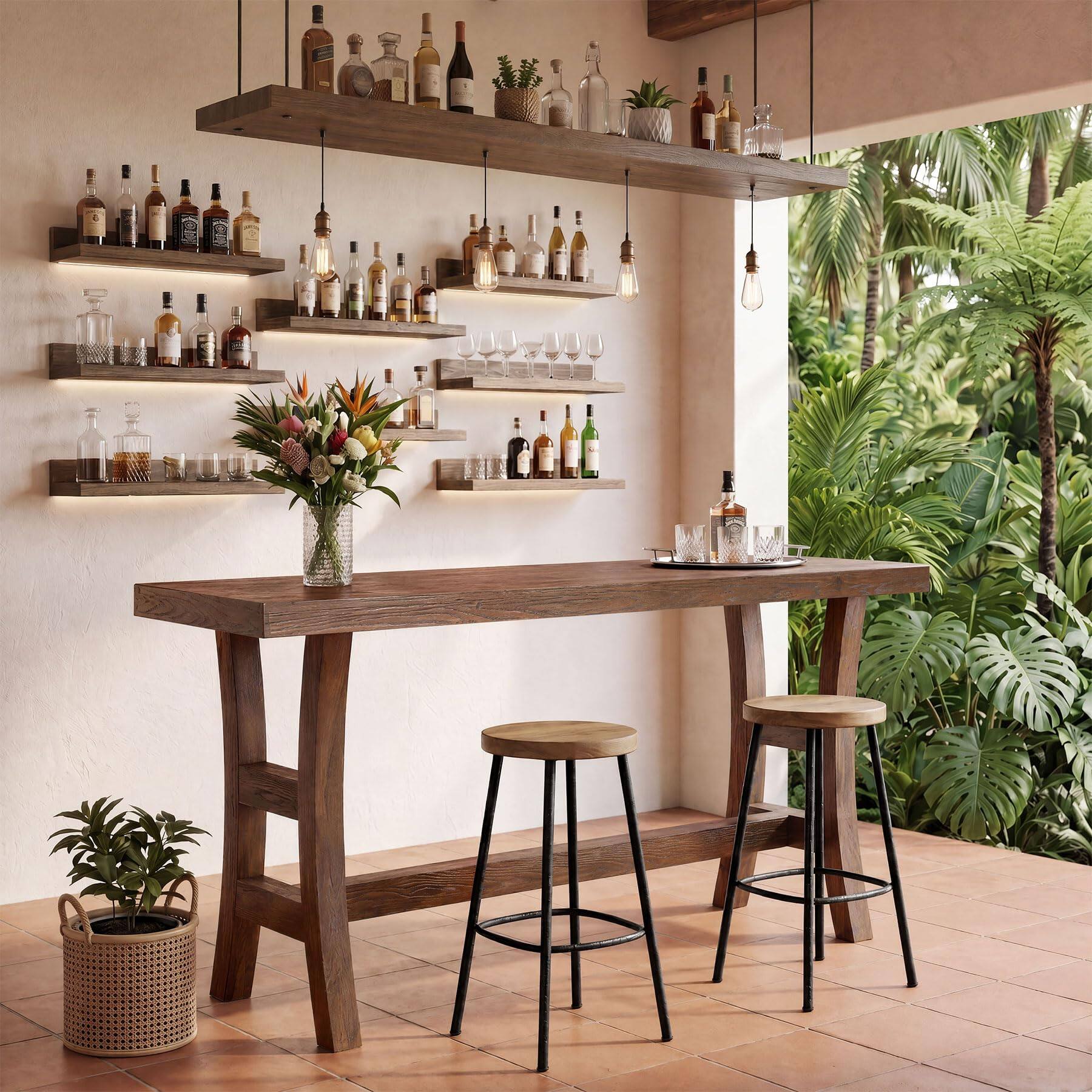 Alt View 1. Tribesigns - 63-Inch Solid Fir Wood Counter-Height Bar Table with Curved Legs and Footrest for Kitchen or Bistro - Dark Walnut.