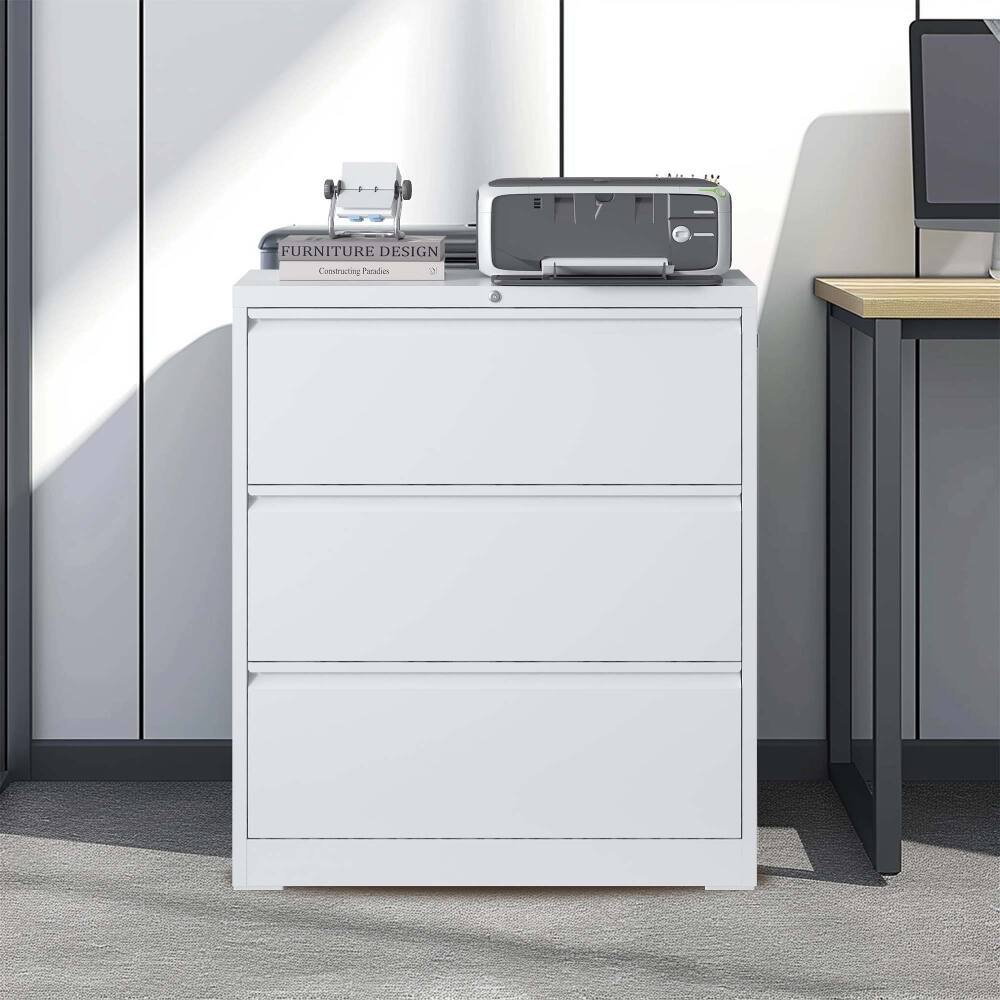 Loheer 3 Drawer Lateral File Cabinet White Locking Metal Filing Cabinet ...