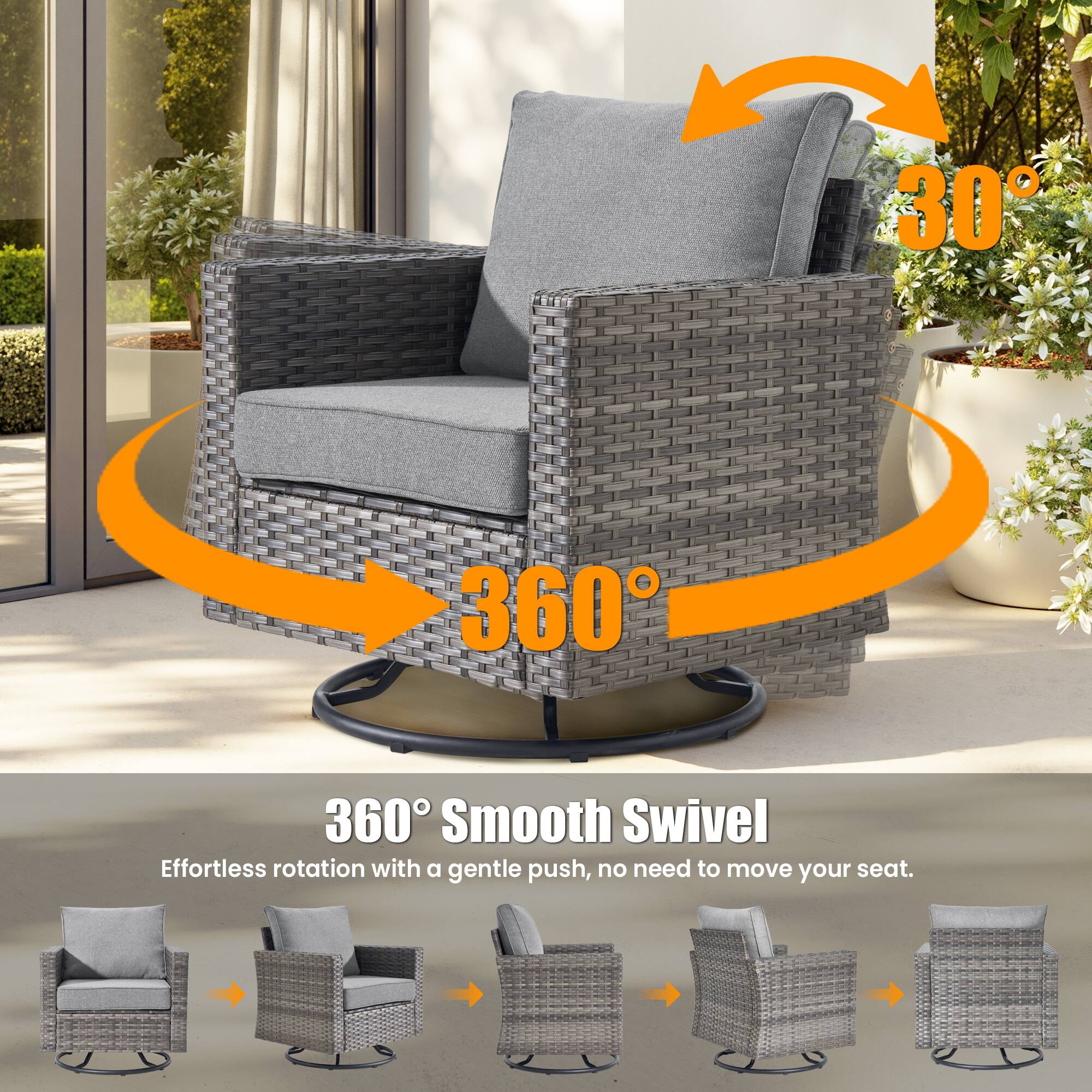 360° Smooth Swivel  
Effortless rotation with a gentle push, no need to move your seat.
