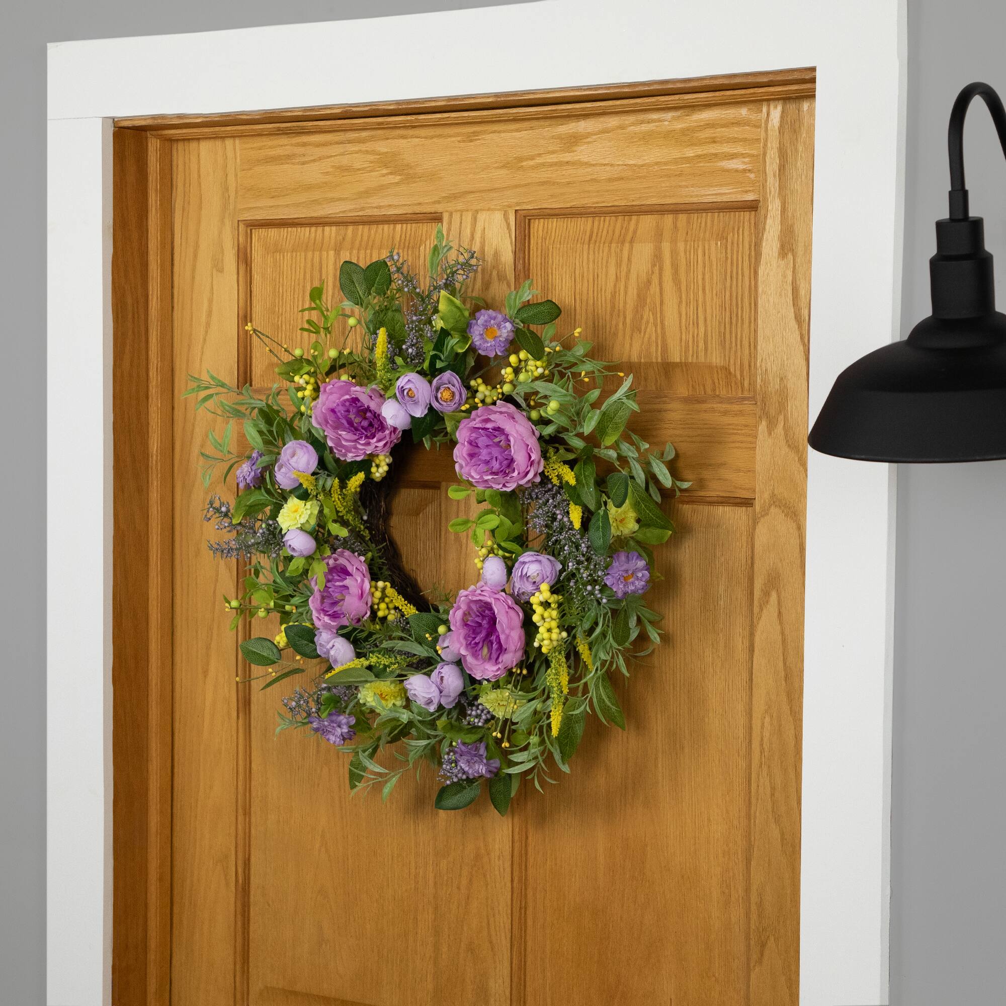 Alt View 6. Northlight - Peony Mixed Floral Springtime Wreath - 24" - Purple and Yellow - Purple.