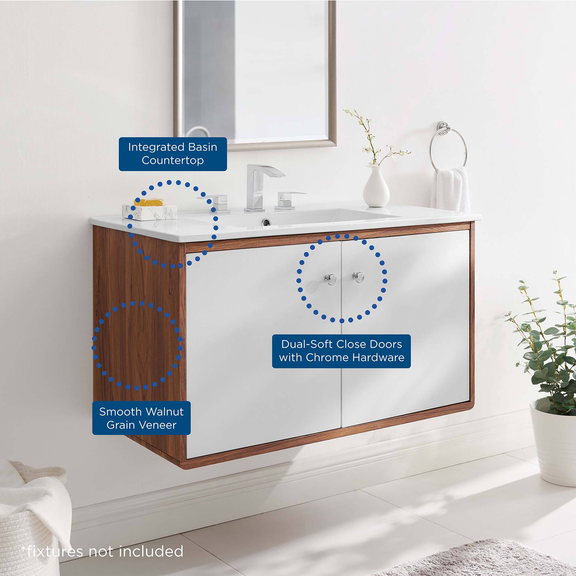 Integrated Basin Countertop  
Dual-Soft Close Doors with Chrome Hardware  
Smooth Walnut Grain Veneer  
*fixtures not included