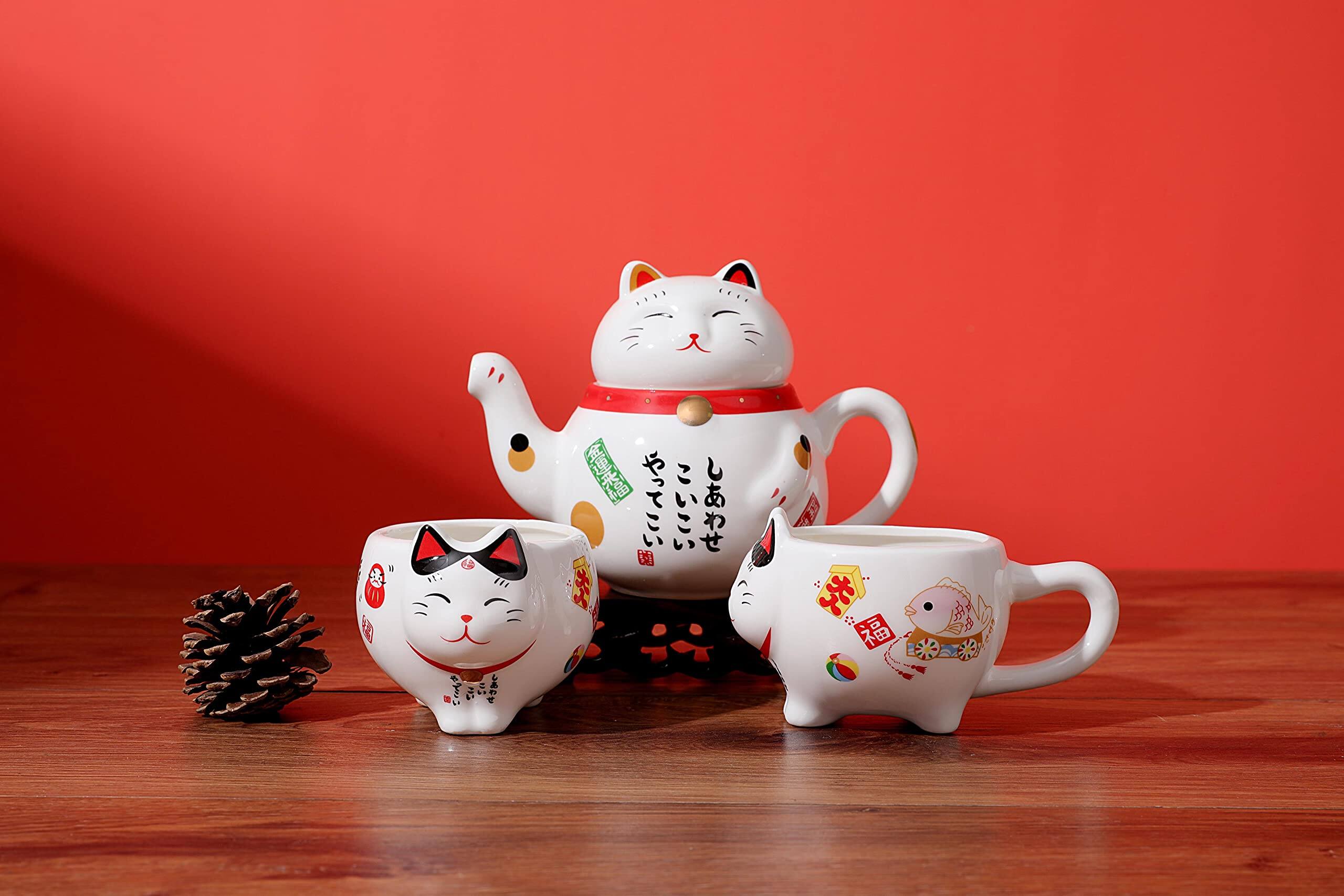 Alt View 2. Alchemy Casas - Lucky Cat Tea Set Ceramic Maneki Neko Teapot Teacups With Stainless Steel Infuser In Gift Box Scarf - MULTI.