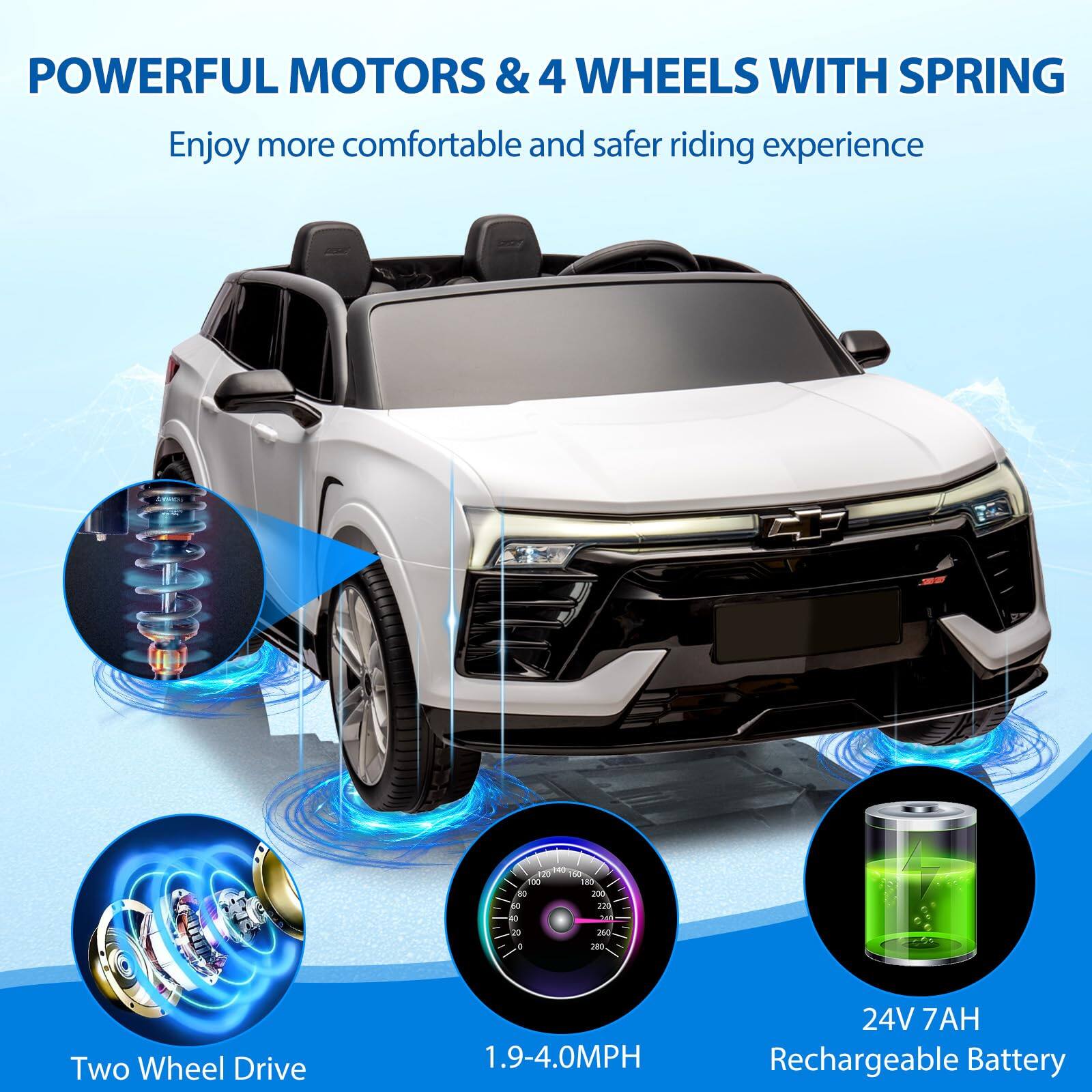 POWERFUL MOTORS & 4 WHEELS WITH SPRING  
Enjoy more comfortable and safer riding experience  

Two Wheel Drive  
1.9-4.0MPH  
24V 7AH Rechargeable Battery