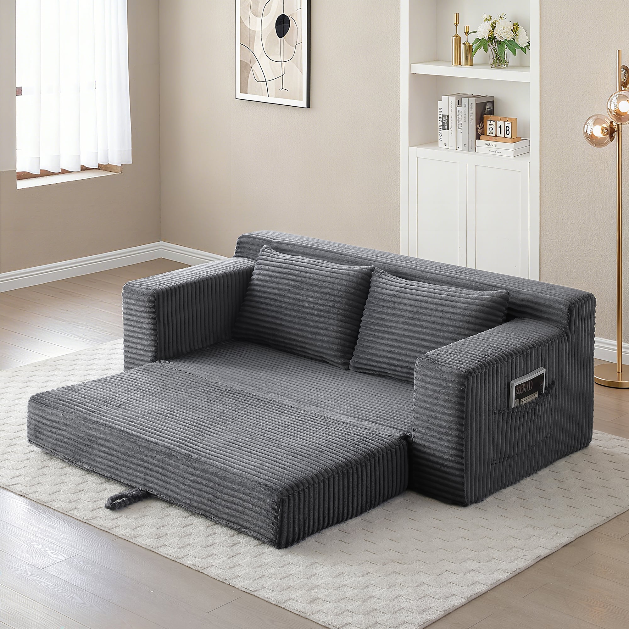 Trinkets Crazed - Memory Foam Cloud Loveseat Sofa,2 in 1 Convertible Folding Couch Bed,No Assembly Compressed Corduroy Floor Lounge Sofa - Gray
