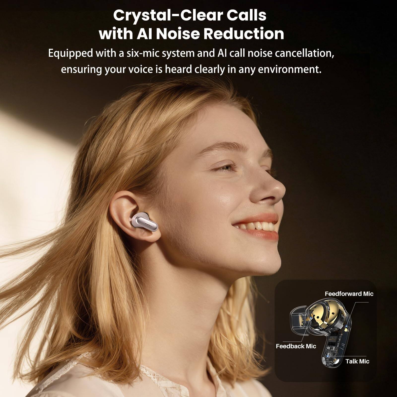 Crystal-Clear Calls with AI Noise Reduction  
Equipped with a six-mic system and AI call noise cancellation, ensuring your voice is heard clearly in any environment.  

Feedforward Mic  
Feedback Mic  
Talk Mic