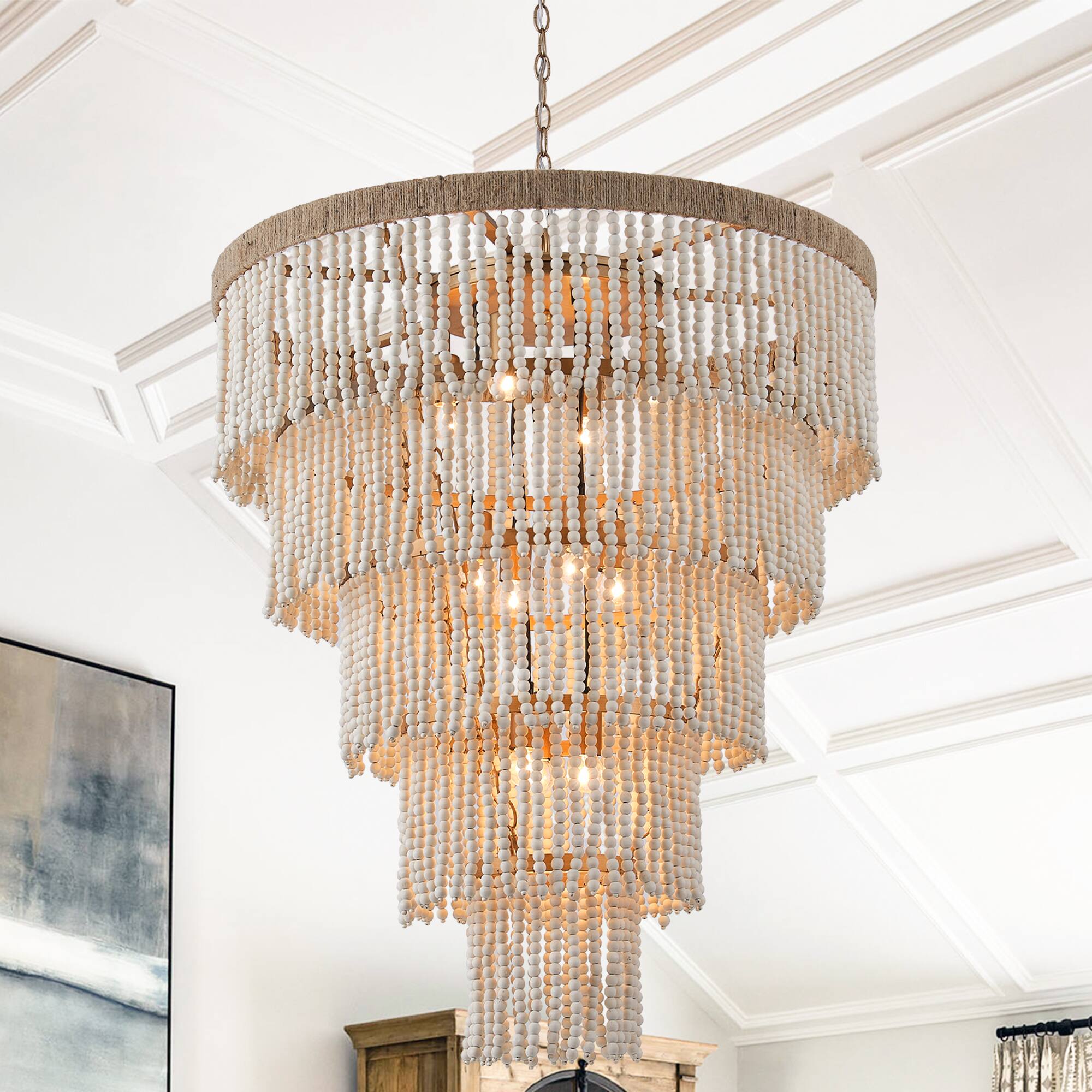 Parrot Uncle - 31.5 in. 9-Light Bohemian Five-Tier Wooden Beads Chandelier - Off-White price history on PriceWatchPro