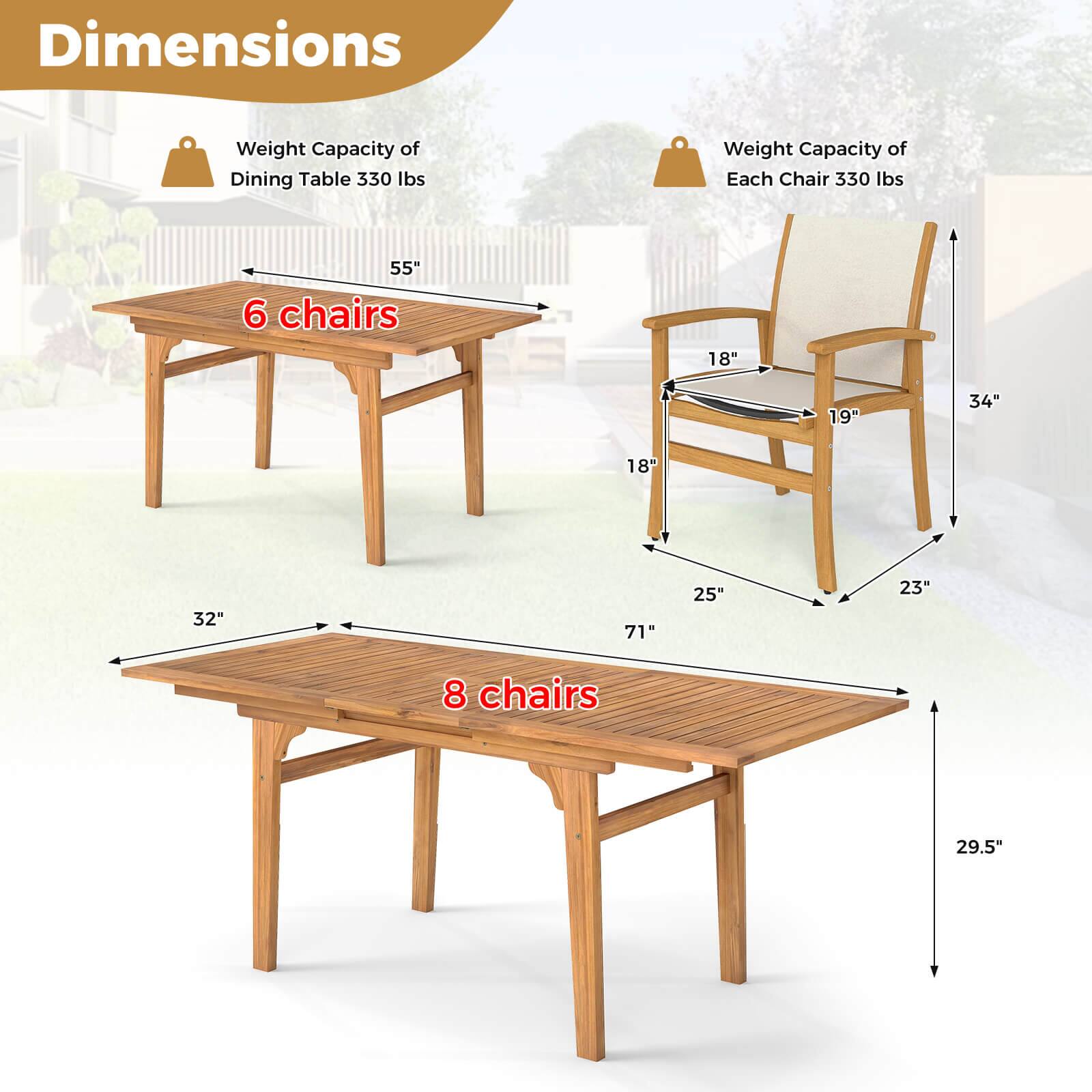 Dimensions  
Weight Capacity of Dining Table: 330 lbs  
Weight Capacity of Each Chair: 330 lbs  

6 chairs  
55"  
18"  
19"  
34"  
18"  
32"  
71"  
25"  
23"  

8 chairs  
29.5"