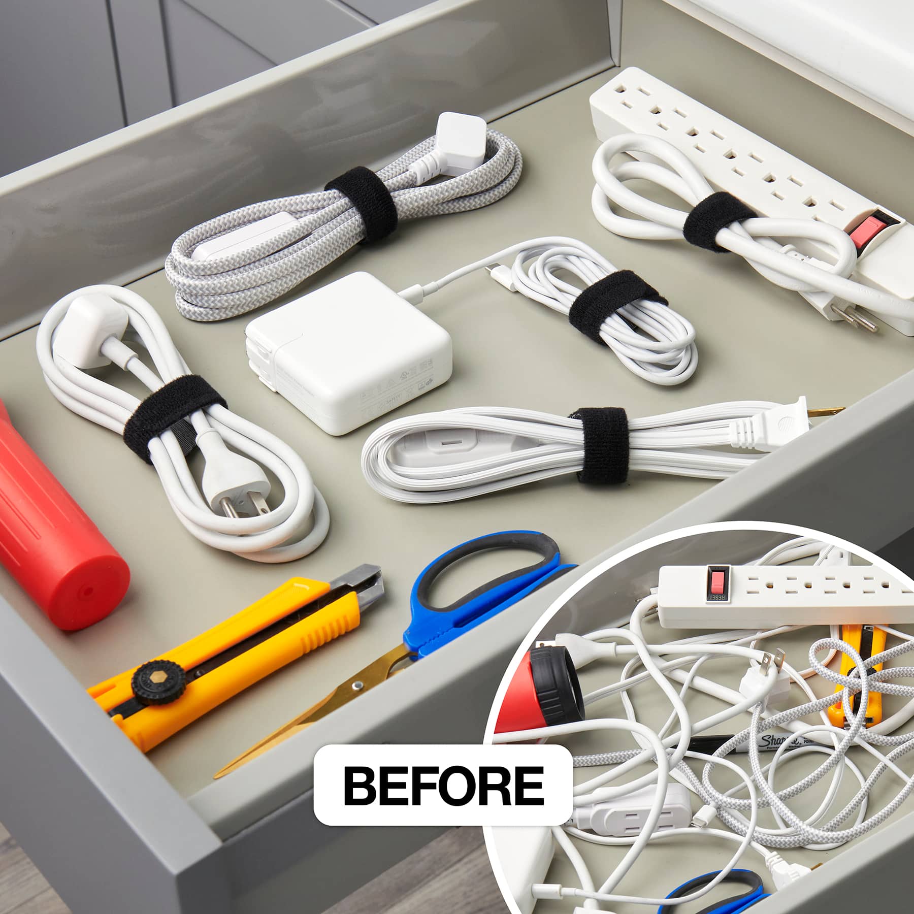Before:
* A tray with various cords and electronics.
* A pair of scissors.
* A red tool.
* A yellow tool.
* A white power strip.
* A white power strip with a red plug.
* A white power strip with a black plug.
* A white power strip with a black plug and a red plug.
After:
* A tray with various cords and electronics, now organized and easily accessible.
