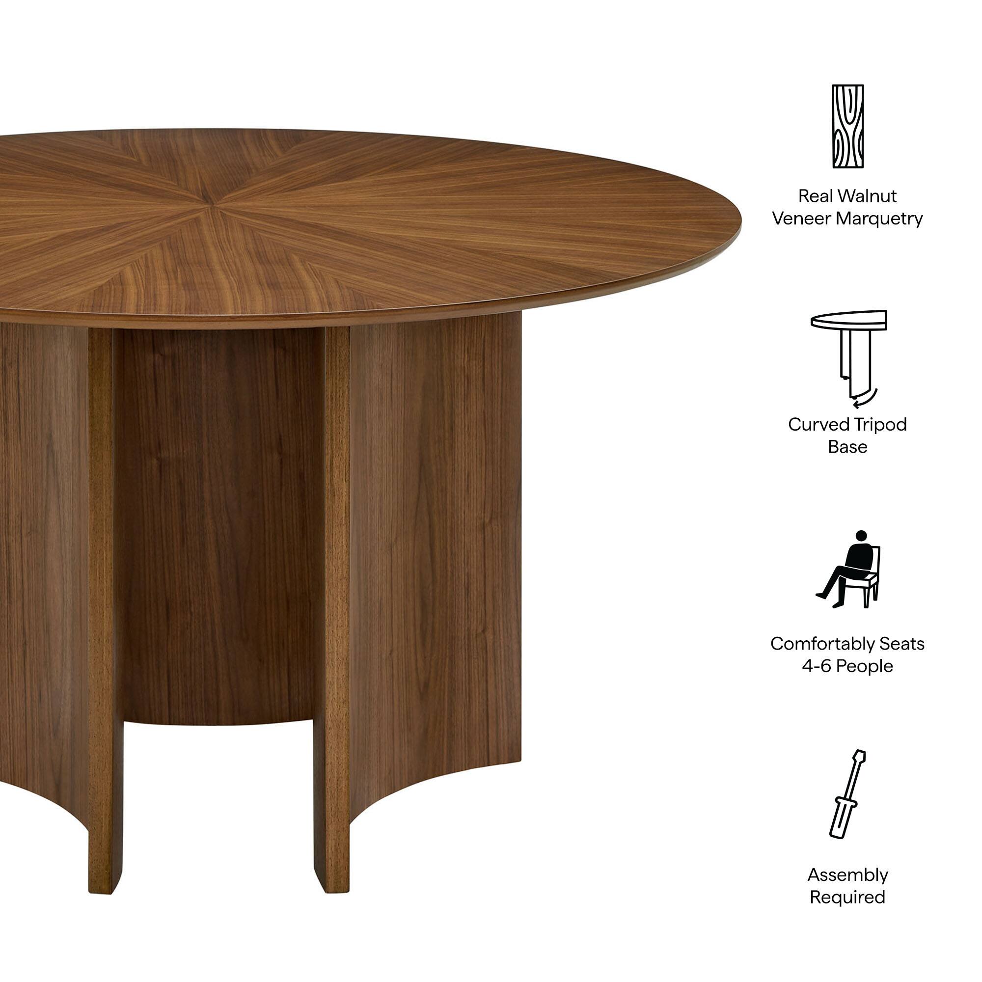 Real Walnut Veneer Marquetry  
Curved Tripod Base  
Comfortably Seats 4-6 People  
Assembly Required