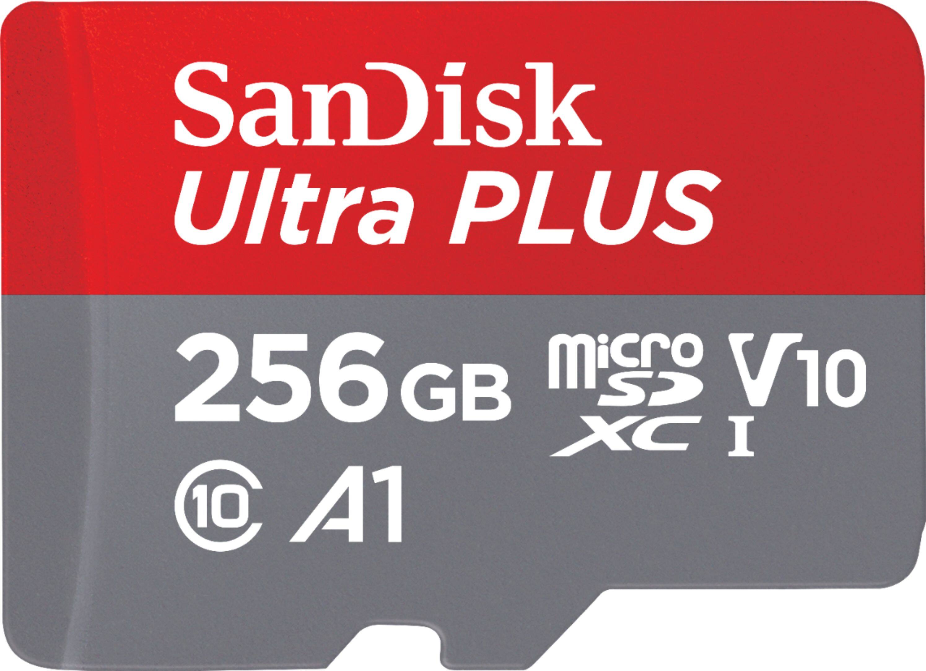 Front. SanDisk - Ultra PLUS 256GB microSDXC UHS-I Memory Card - Gray/red.
