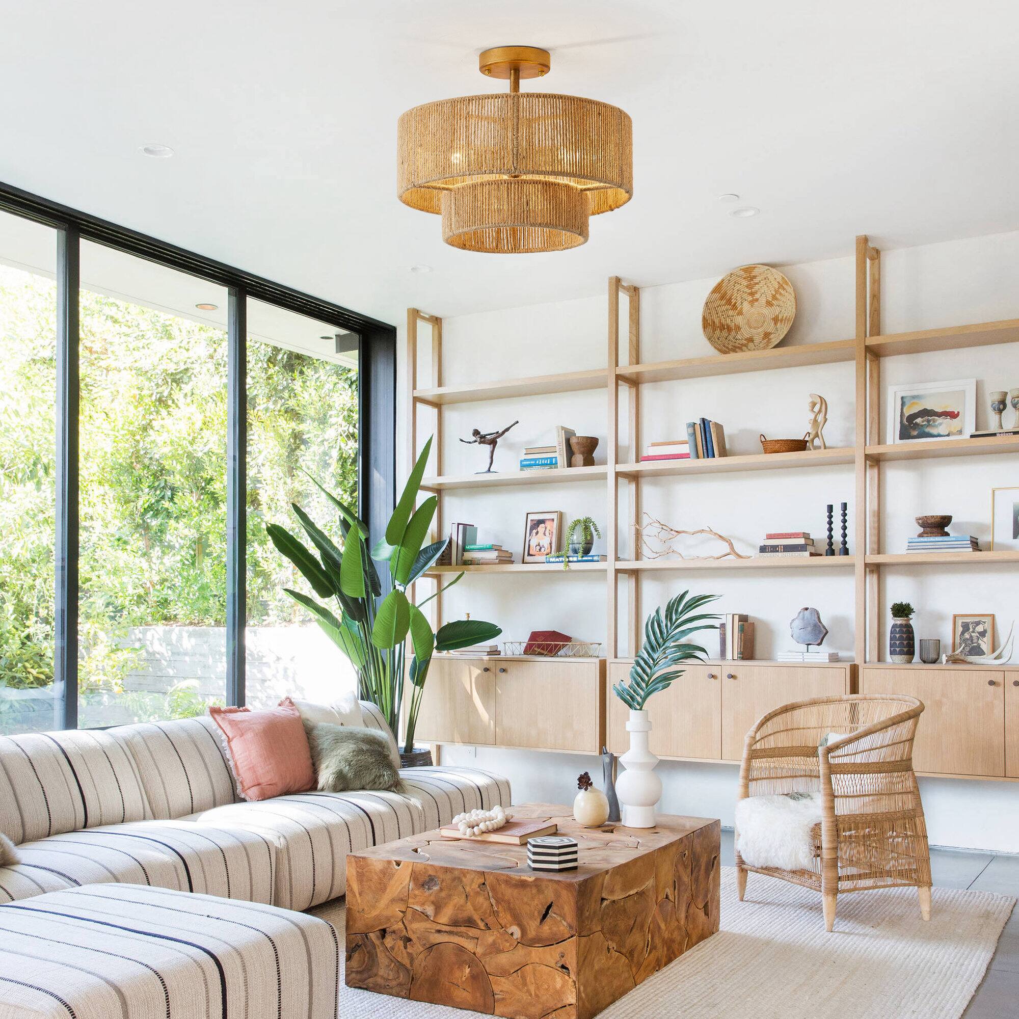 Angle. Parrot Uncle - 3-Light Traditional Farmhouse Wabi-Sabi Flush Mount Light - Brown.