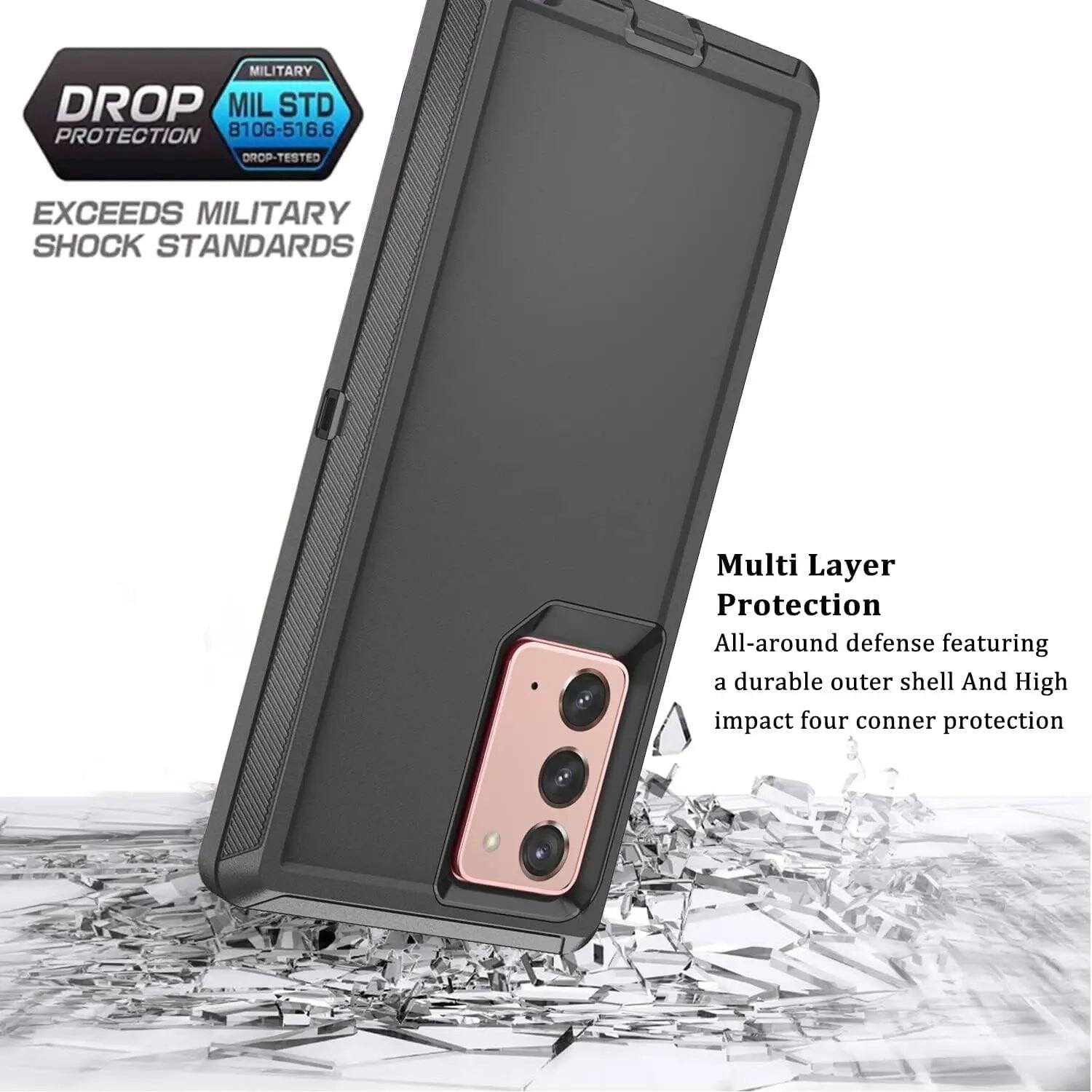 MILITARY DROP MIL STD PROTECTION 810G-516.6 DROP-TESTED  
EXCEEDS MILITARY SHOCK STANDARDS  
Multi Layer Protection  
All-around defense featuring a durable outer shell and high impact four corner protection