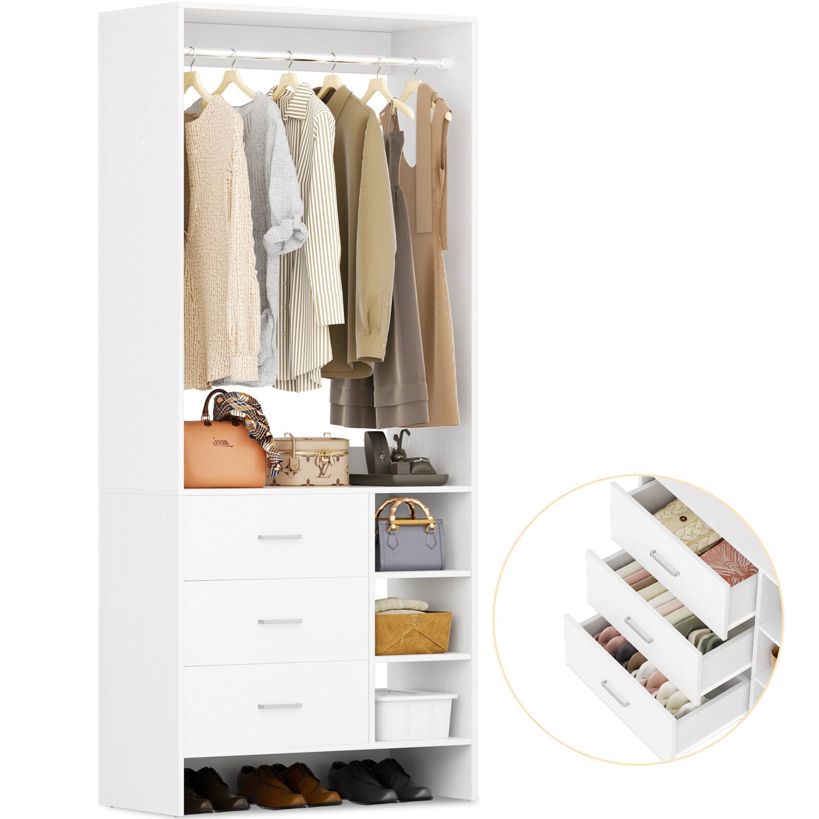 Back. Aheaplus - 2.5FT Closet System with 3 Drawers, 29.6'' Closet Organizer with Hanging Rod and Shelves - White.