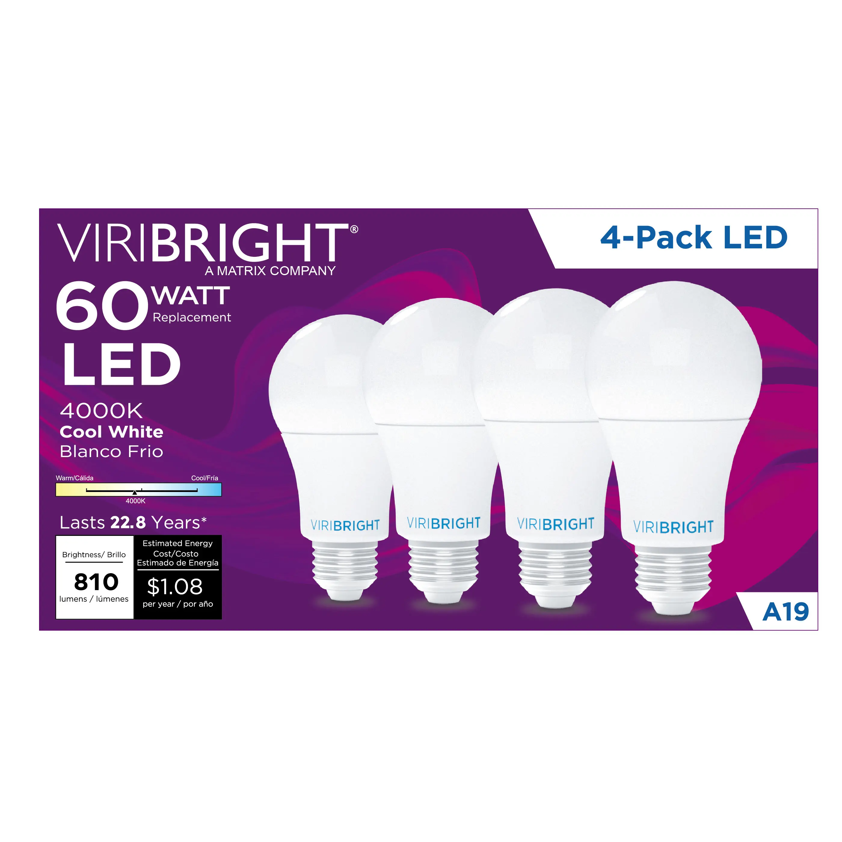 VIRIBRIGHT - A19 LED Bulb, 9W, Dimmable, T20, 810 Lumens (4 Pack) - 4000K
