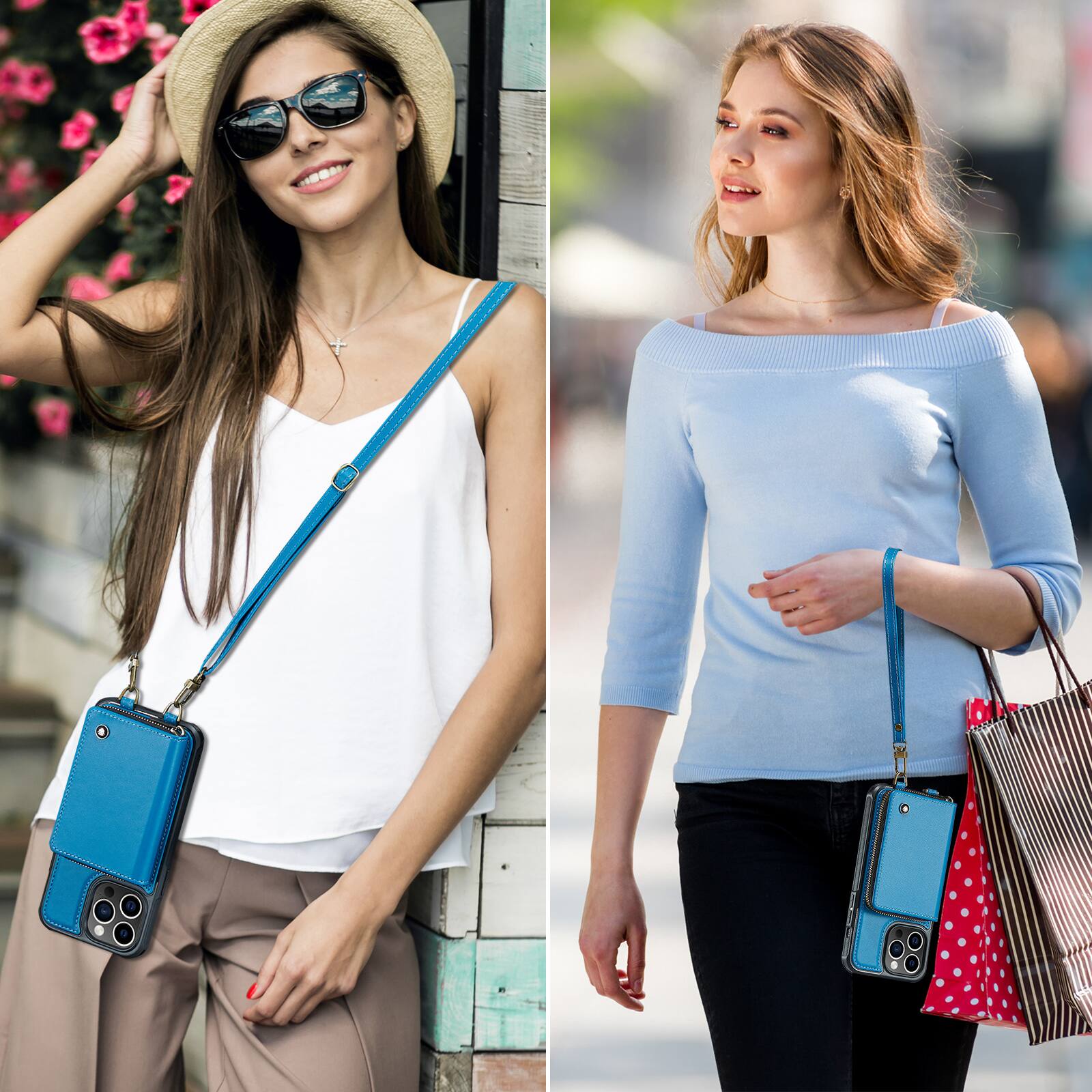 Alt View 2. Dteck - Crossbody Zipper Wallet Case for Apple iPhone 15 Pro Max, RFID Blocking PU Leather Card Slots Wrist Strap Lanyard Cover - Blue.