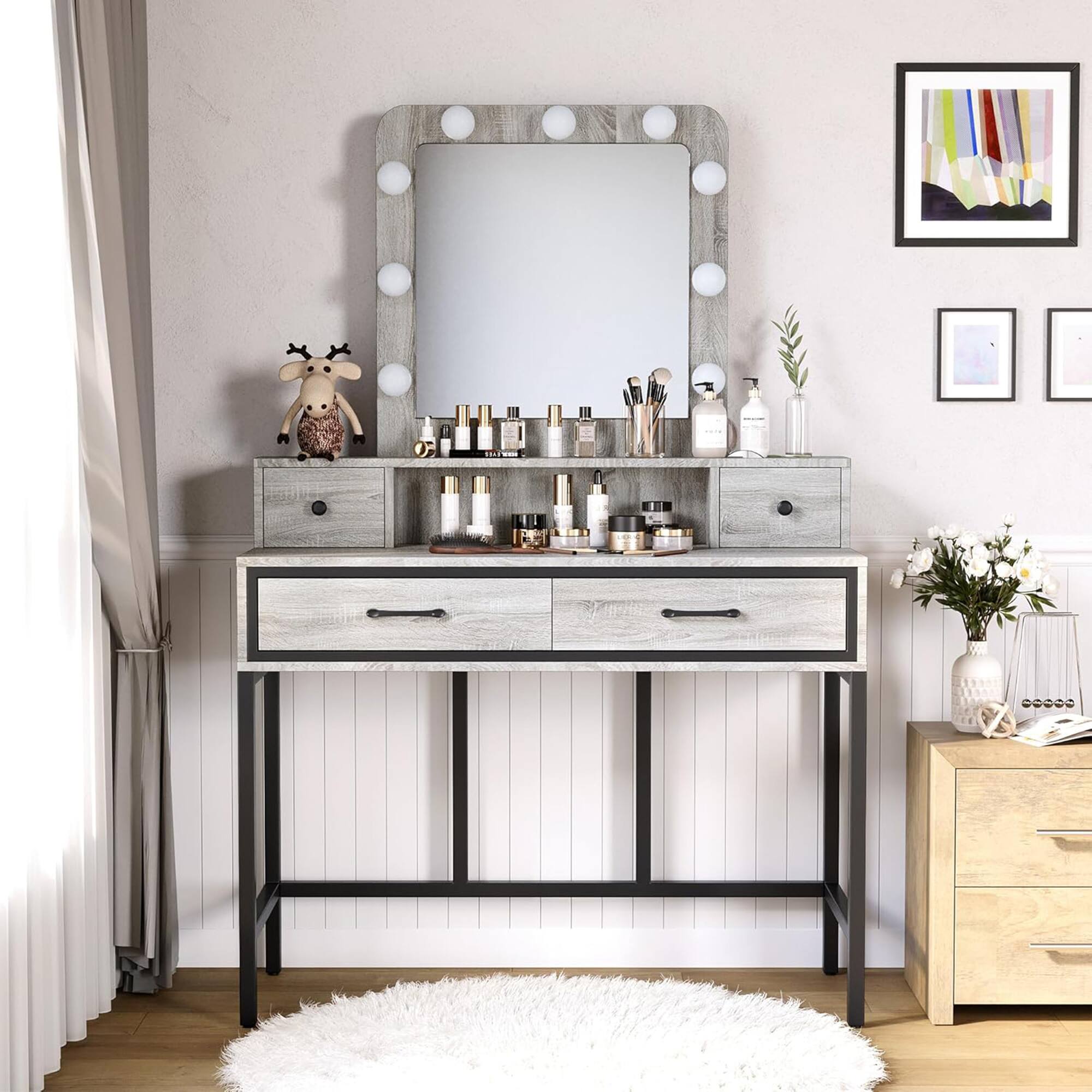 Alt View 5. RoyalCraft - RoyalCraft Vanity Desk for Makeup with Mirror, Dimmable Lights & Drawers, Grey - Light Grey.