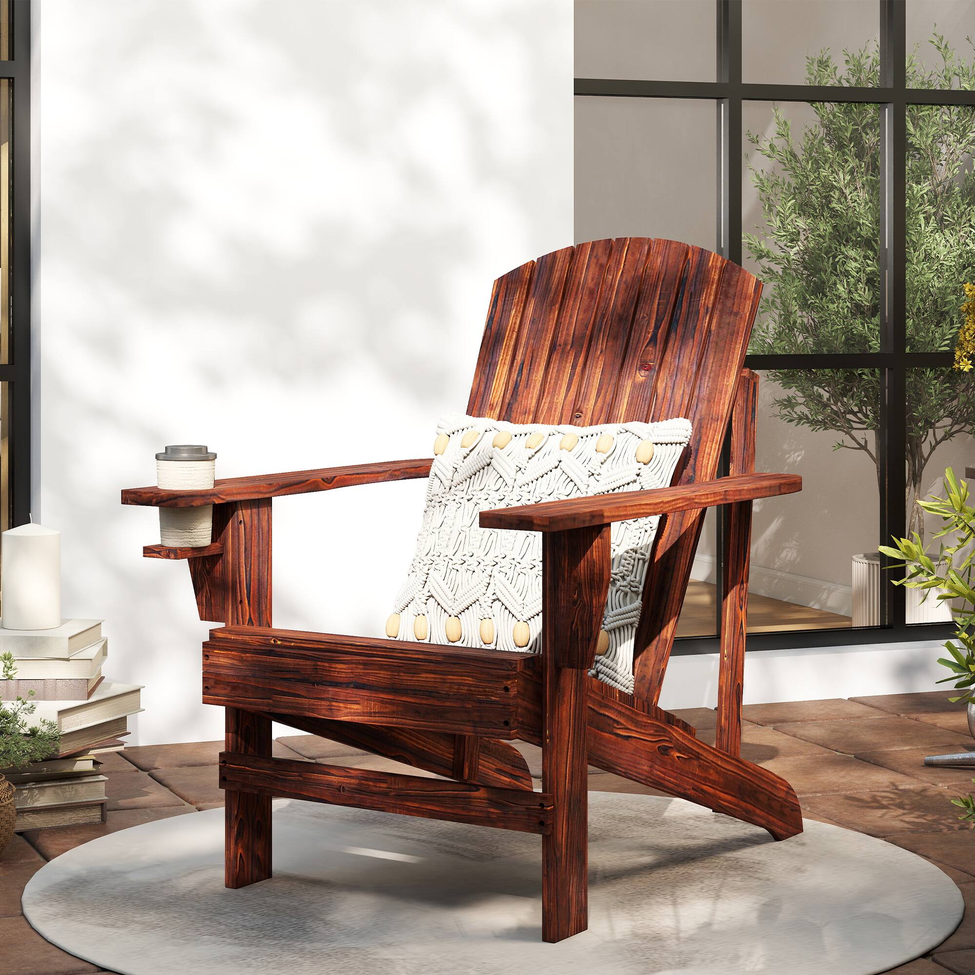 Alt View 1. Outsunny - Wooden Adirondack Chair, Outdoor Patio Lawn Chair with Cup Holder, Weather Resistant Lawn Furniture - Carbonized.