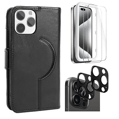 SaharaCase - Genuine Leather Wallet Case, Tempered Glass Screen, Camera Protector for iPhone 15 Pro Max - Black
