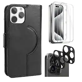 SaharaCase - Genuine Leather Wallet Case, Tempered Glass Screen, Camera Protector for iPhone 15 Pro Max - Black