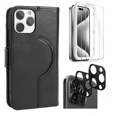Front. SaharaCase - SaharaCase Genuine Leather Wallet Case, Tempered Glass Screen, Camera Protector for iPhone 15 Pro Max - Black.