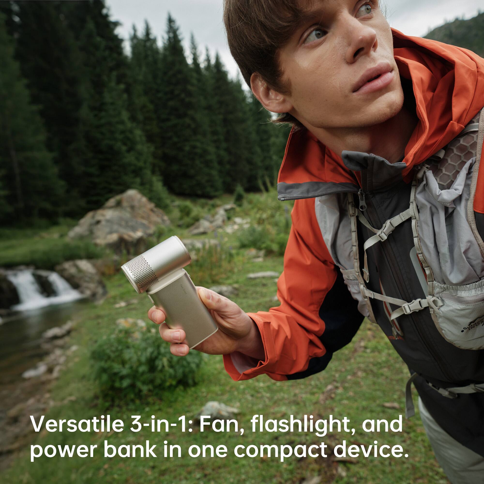 Versatile 3-in-1: Fan, flashlight, and power bank in one compact device.