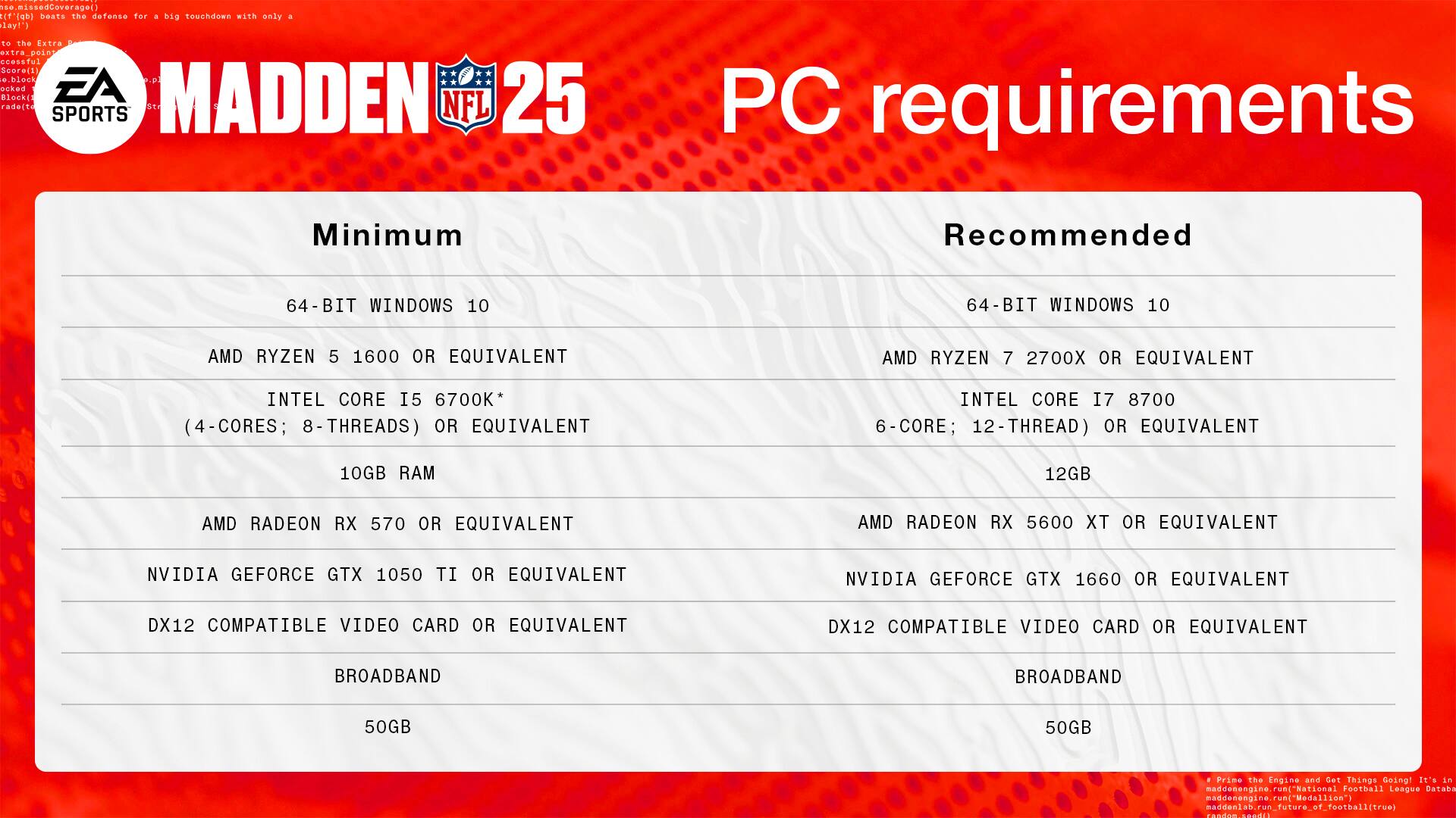 EA Madden 25 PC Requirements:

Minimum:
- 64-bit Windows 10
- AMD Ryzen 5 1600 or equivalent
- Intel Core i5 6700K (4-cores; 8-threads) or equivalent
- 10GB RAM
- AMD Radeon RX 570 or equivalent
- NVIDIA GeForce GTX 1050 Ti or equivalent
- DX12 compatible video card or equivalent
- Broadband

Recommended:
- AMD Ryzen 7 2700X or equivalent
- Intel Core i7 8700 (6-core; 12-threads) or equivalent
- 12GB RAM
- AMD Radeon RX 5600 XT or equivalent
- NVIDIA GeForce GTX 1660 or equivalent
- DX12 compatible video card or equivalent
- Broadband