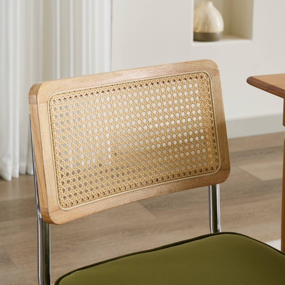 Alt View 4. Loheer - Loheer Mid-Century Dining Chairs Set of 2, Olive Green Velvet Rattan Back Chairs with Chrome Base - Olive-Green.