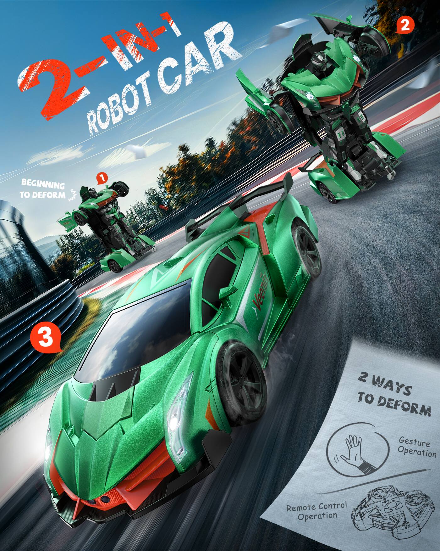 2-IN-1 ROBOT CAR

1. BEGINNING TO DEFORM
2. 
3. 

2 WAYS TO DEFORM
- Gesture Operation
- Remote Control Operation