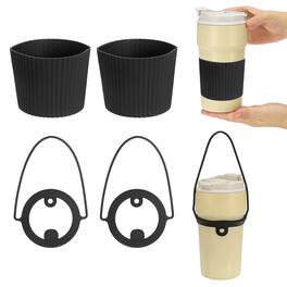 Unique Bargains - Silicone Cup Sleeve, 2pcs Coffee Sleeves with Handle Strap, Heat Resistant Reusable Nonslip for Coffee Tea Drinks - Black