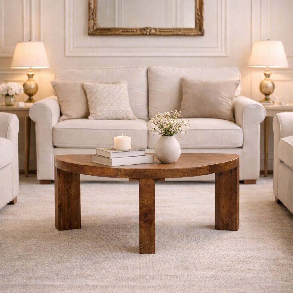 Alt View 6. Artisan Furniture - Artisan Furniture Solid Wood Amber Oak Half Moon Coffee Table, Brown - Beige.