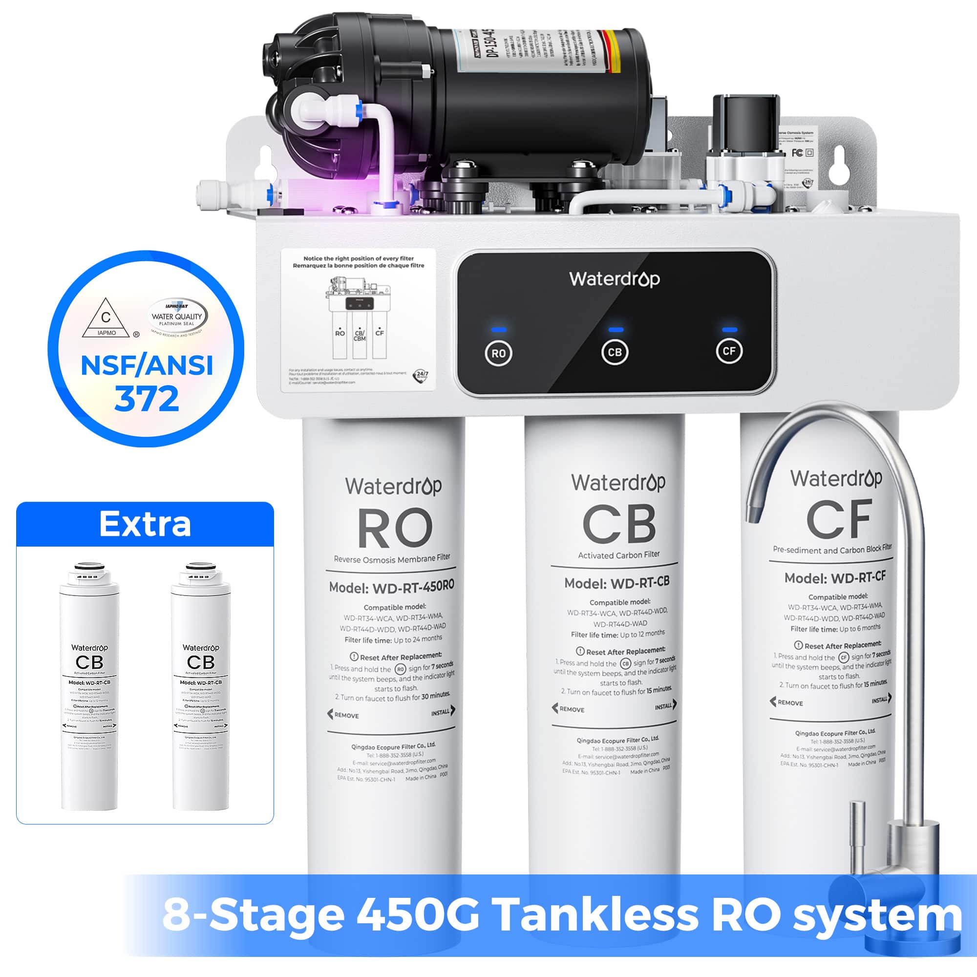 Waterdrop - WD-T3-C Reverse Osmosis Water Filter, extra 2 RTCB Filters - White