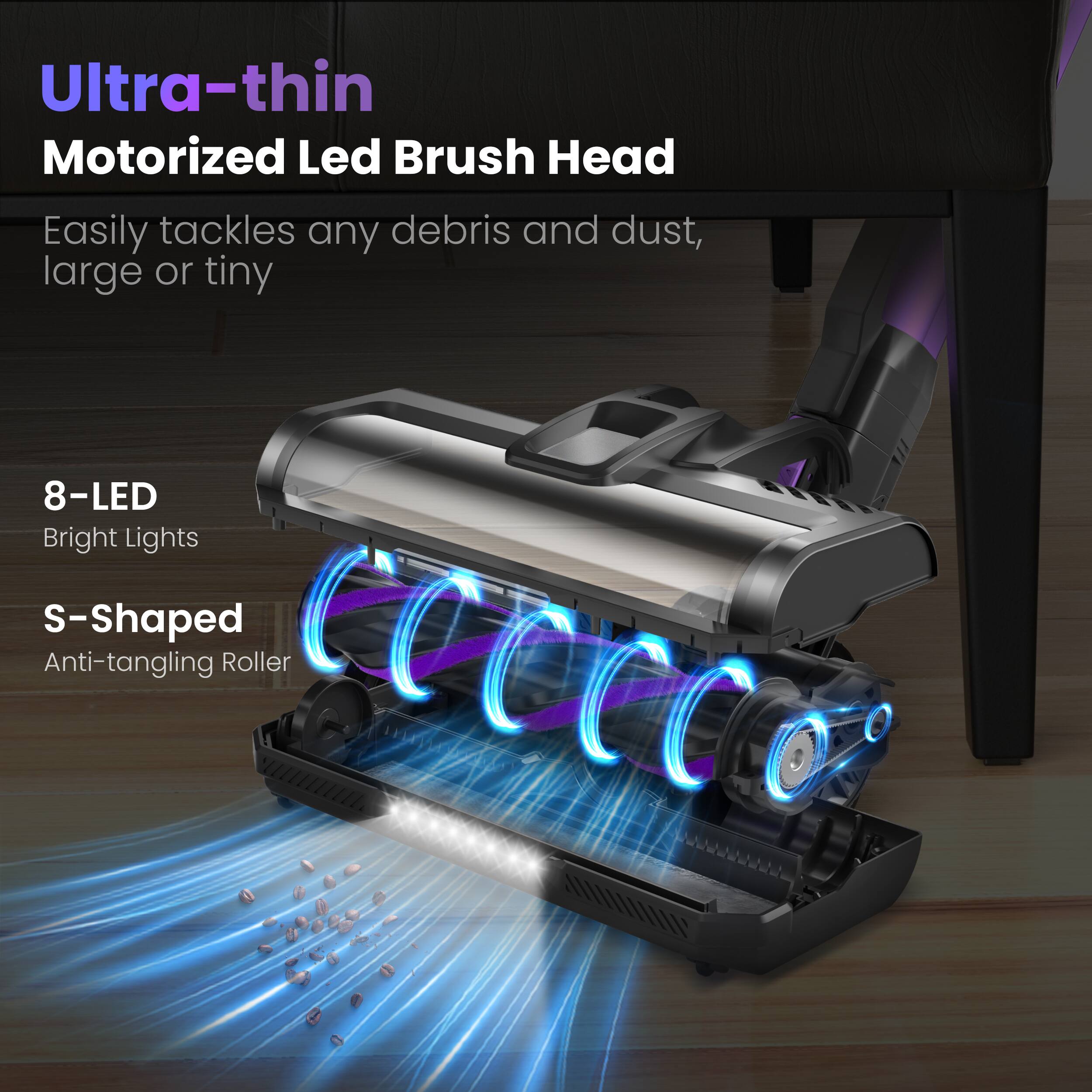 Ultra-thin Motorized Led Brush Head

Easily tackles any debris and dust, large or tiny

8-LED Bright Lights

S-Shaped Anti-tangling Roller